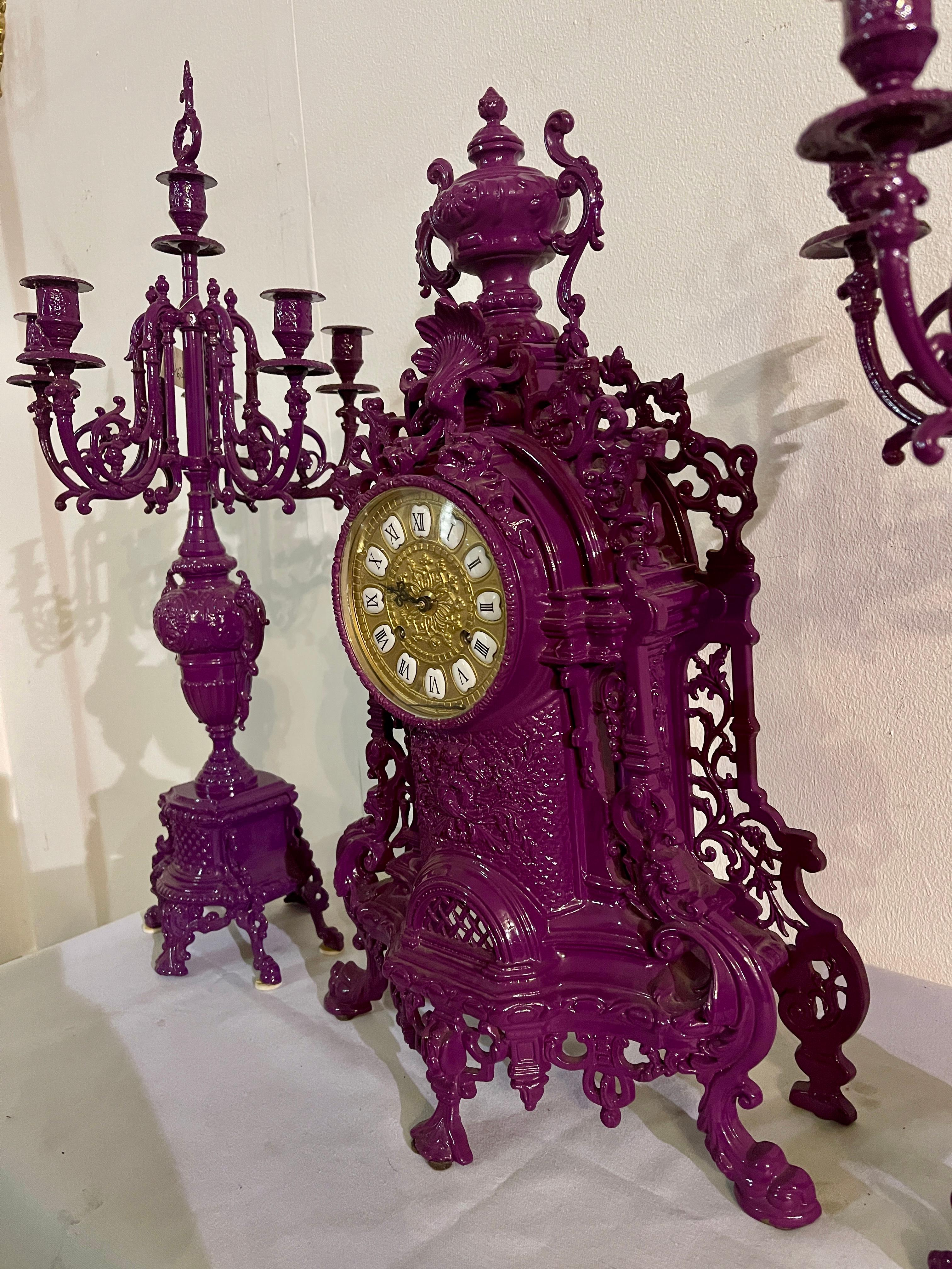 Triptych of purple candelabra with mechanical clock in 1990s baroque style For Sale 2