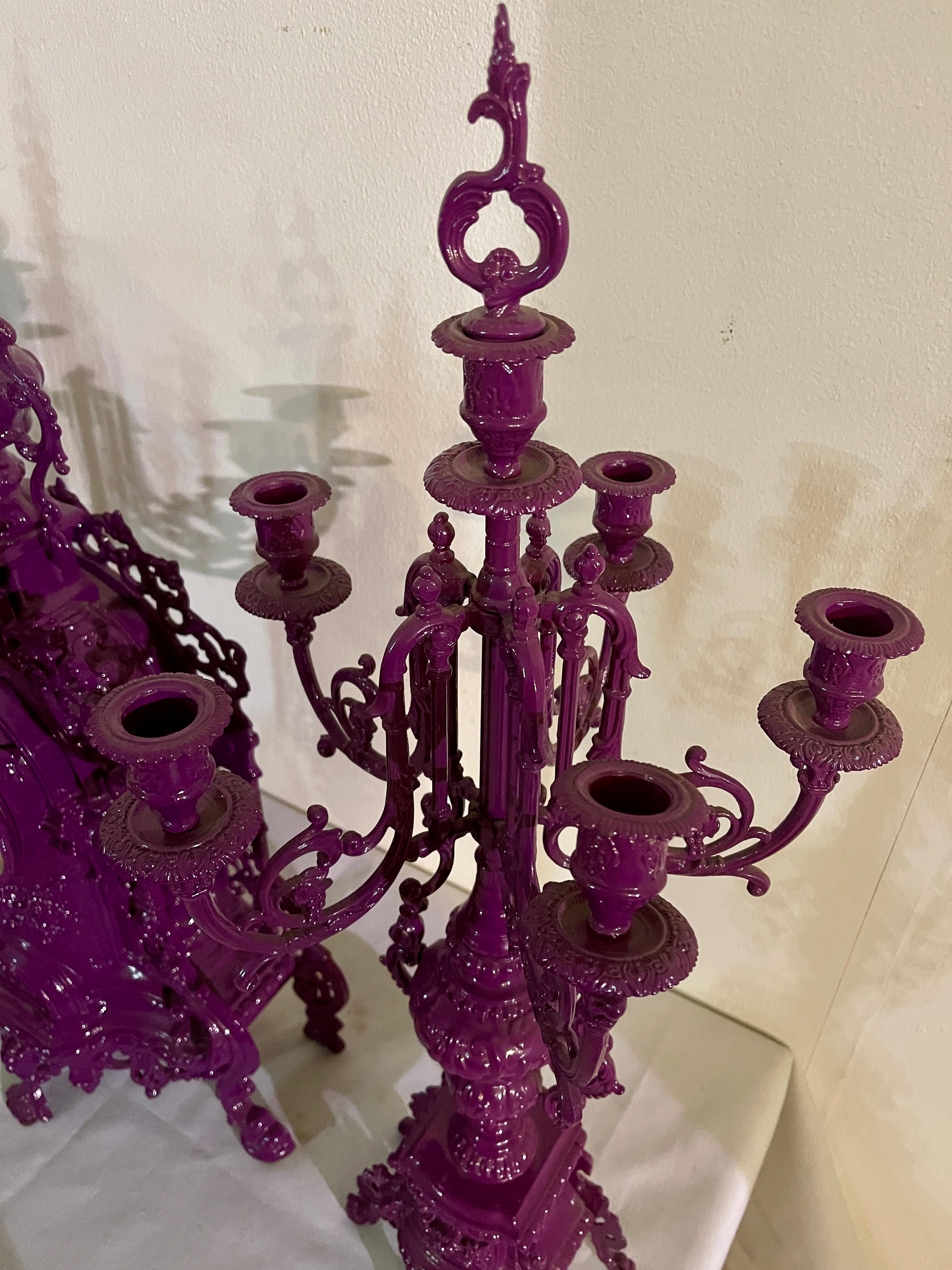 Triptych of purple candelabra with mechanical clock in 1990s baroque style For Sale 3