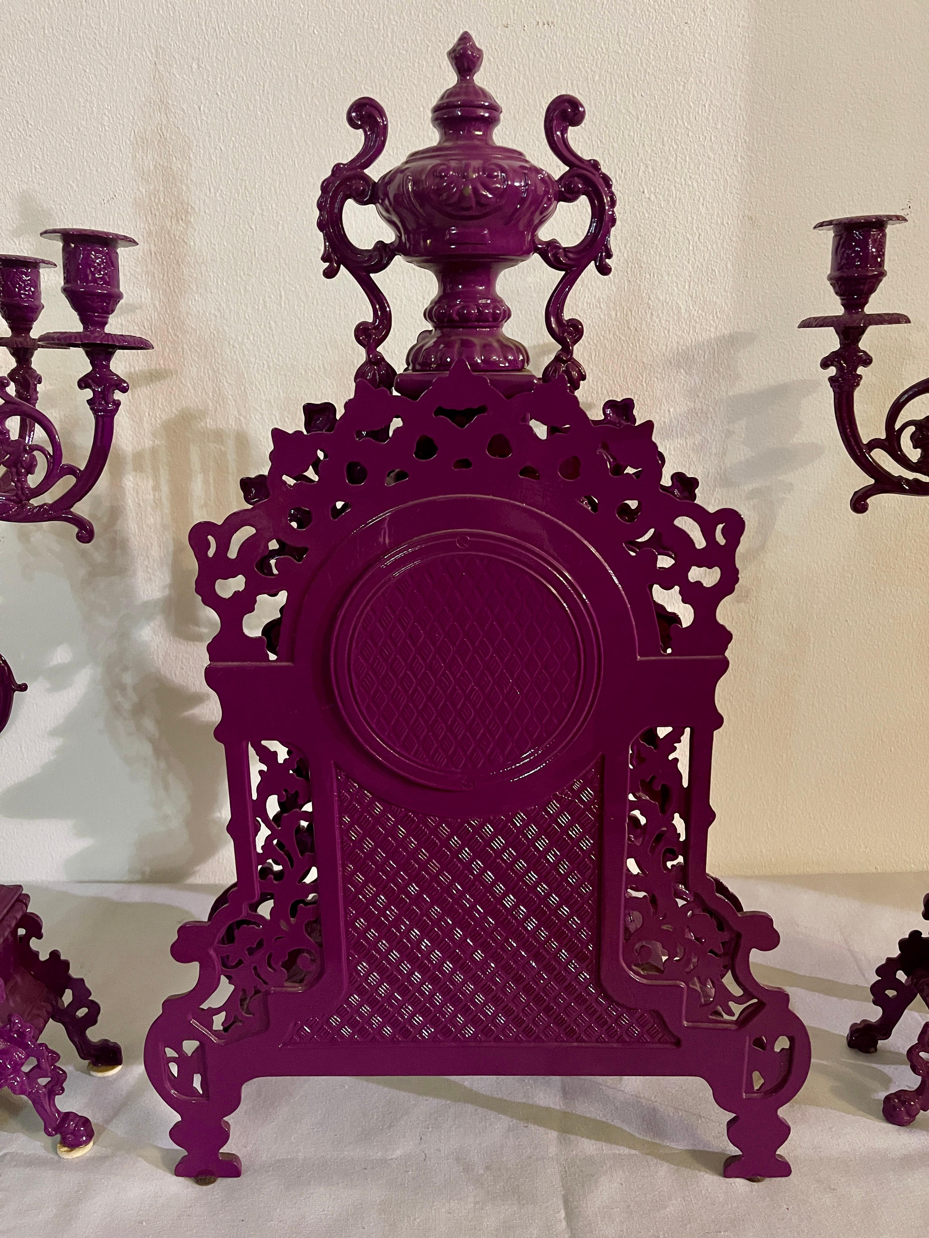 Triptych of purple candelabra with mechanical clock in 1990s baroque style For Sale 5