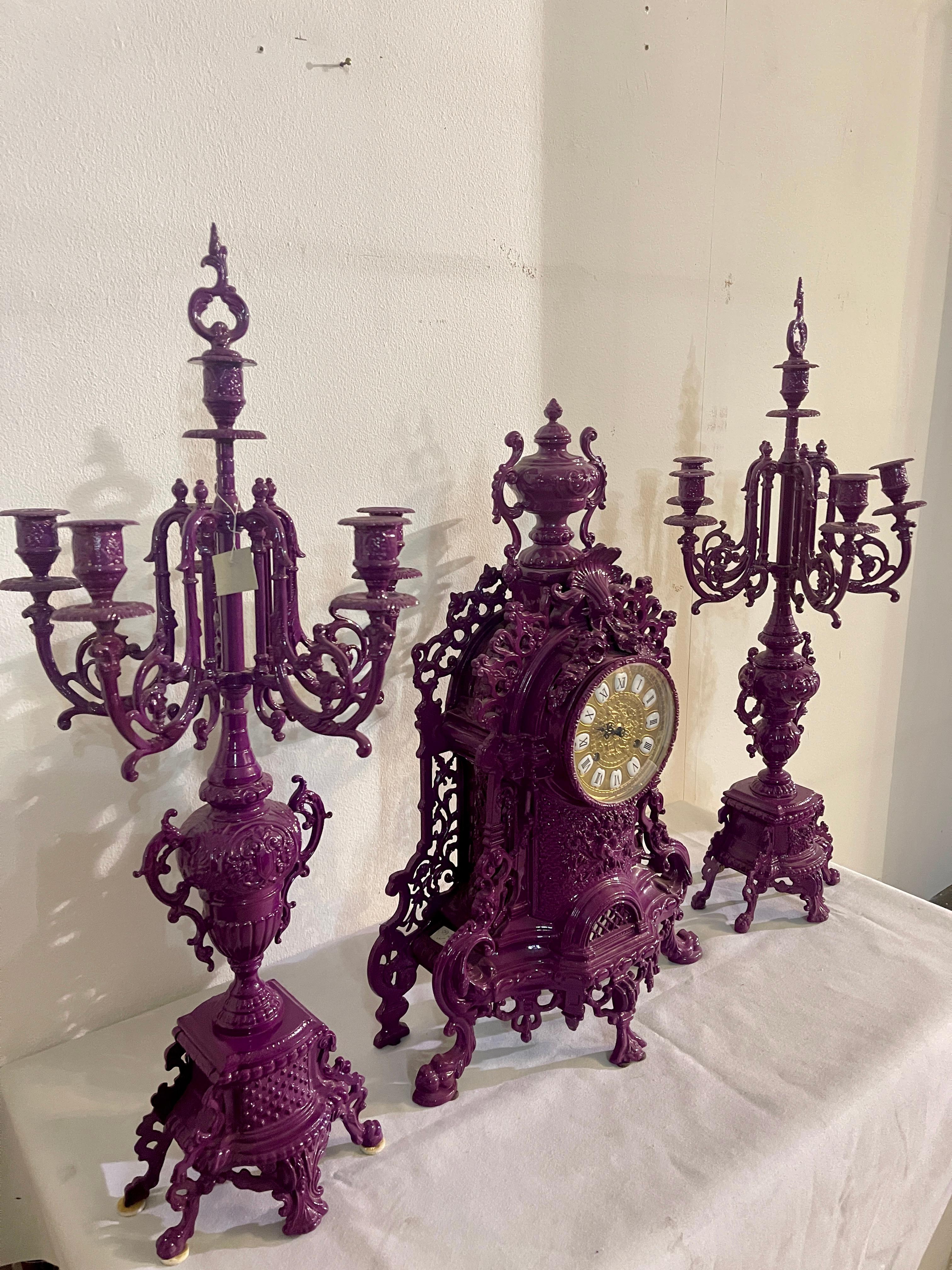Triptych of purple candelabra with mechanical clock in baroque style 1990s New