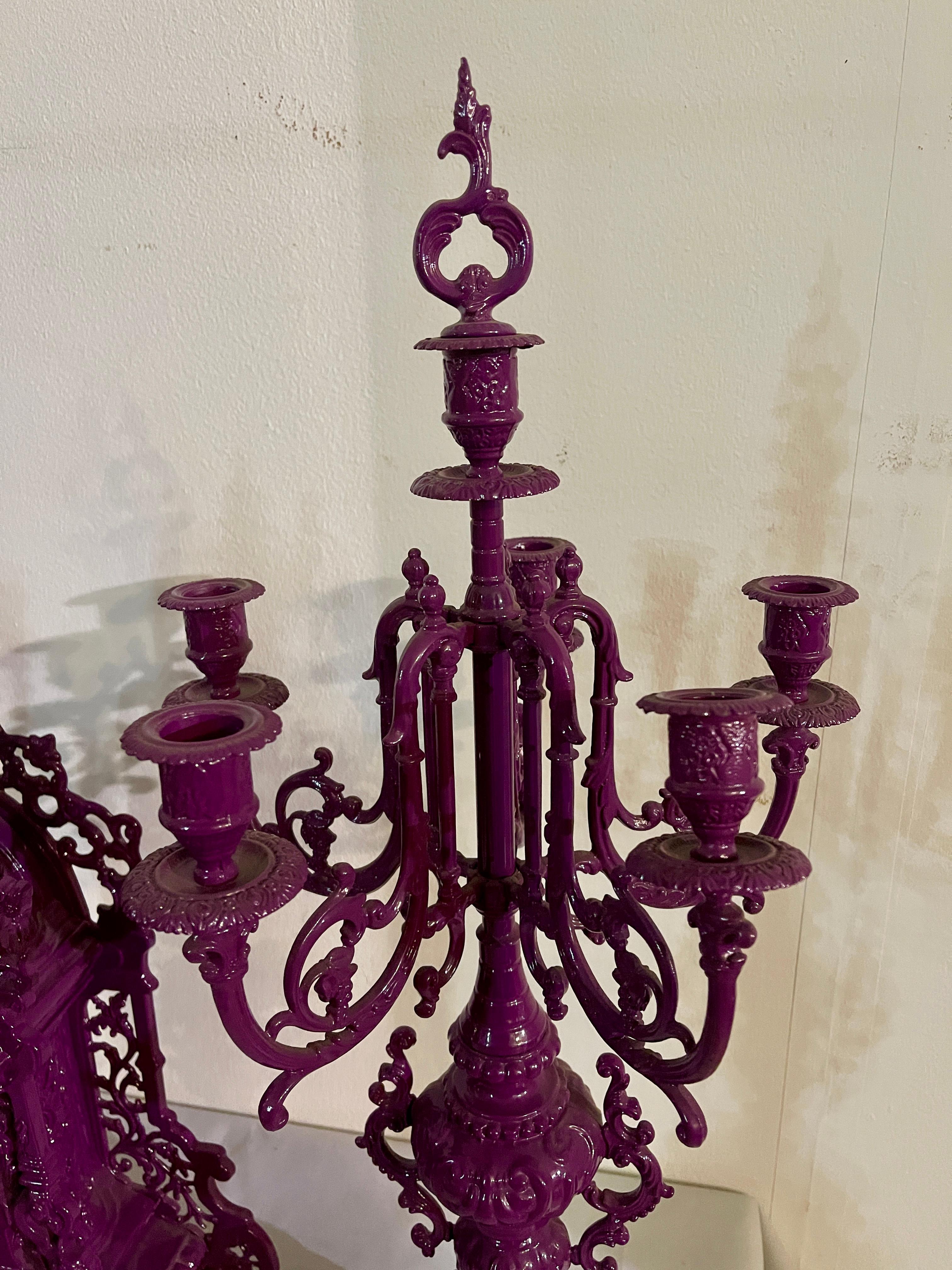 Baroque Triptych of purple candelabra with mechanical clock in 1990s baroque style For Sale