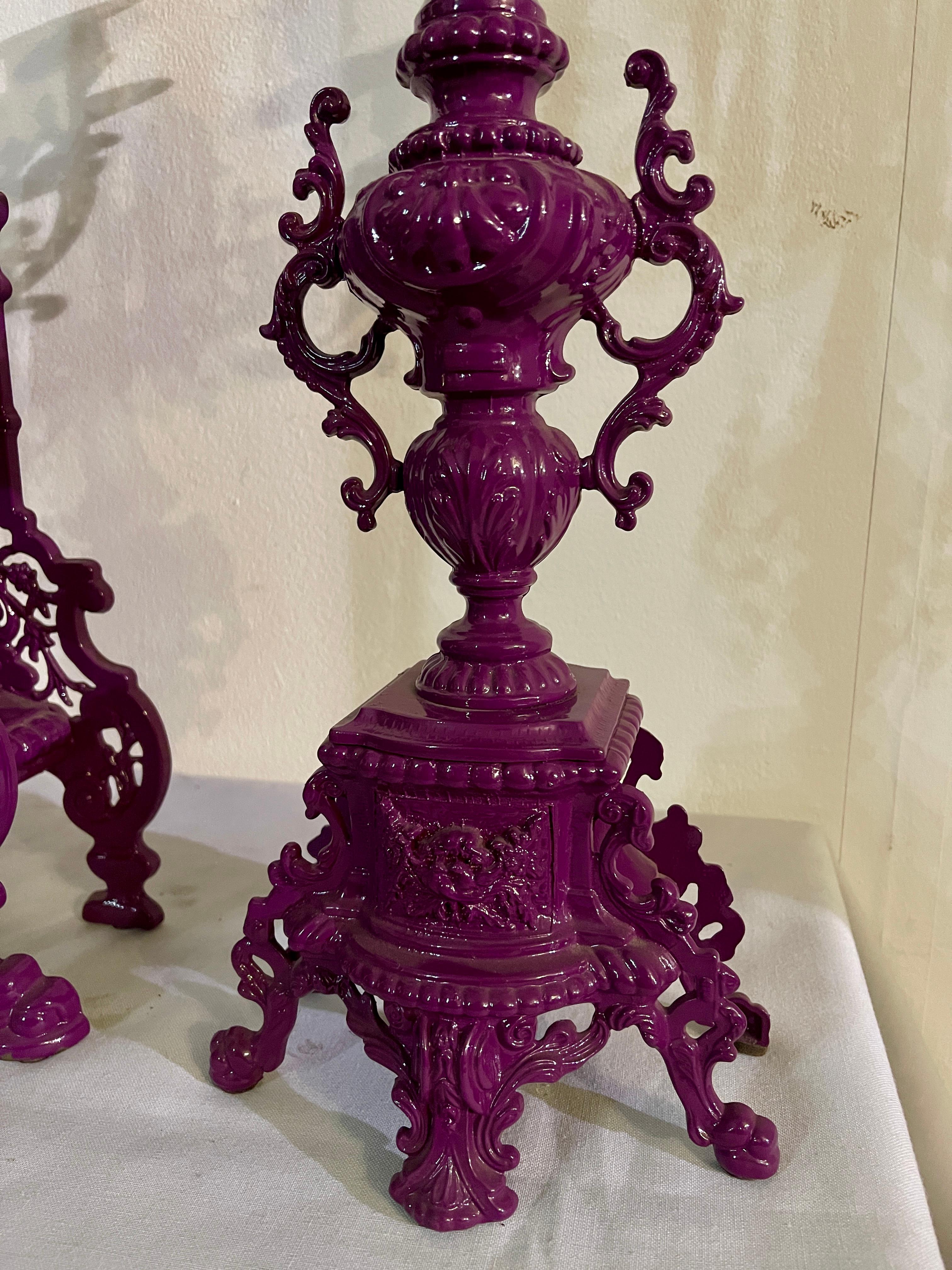 Italian Triptych of purple candelabra with mechanical clock in 1990s baroque style For Sale