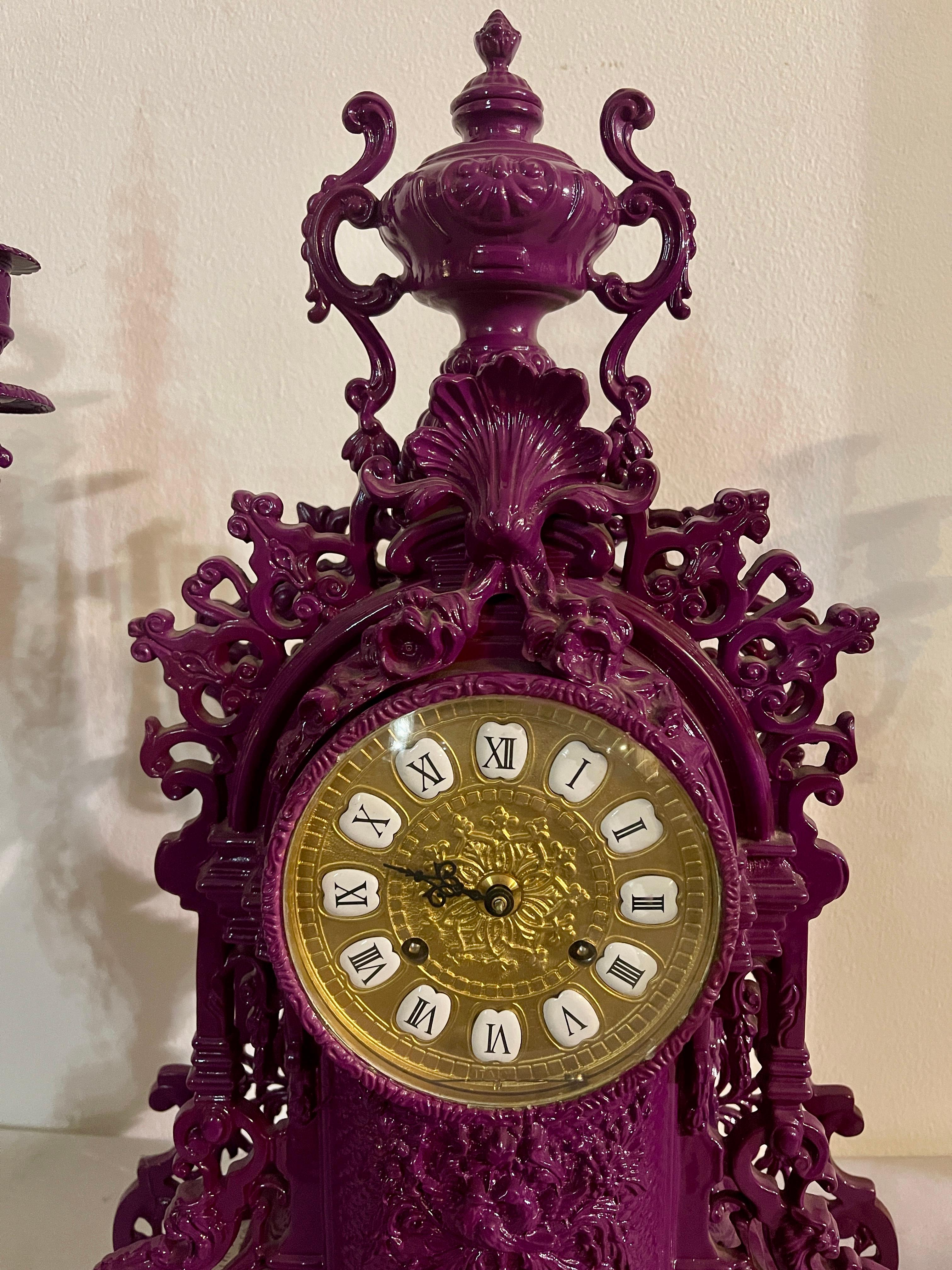Other Triptych of purple candelabra with mechanical clock in 1990s baroque style For Sale