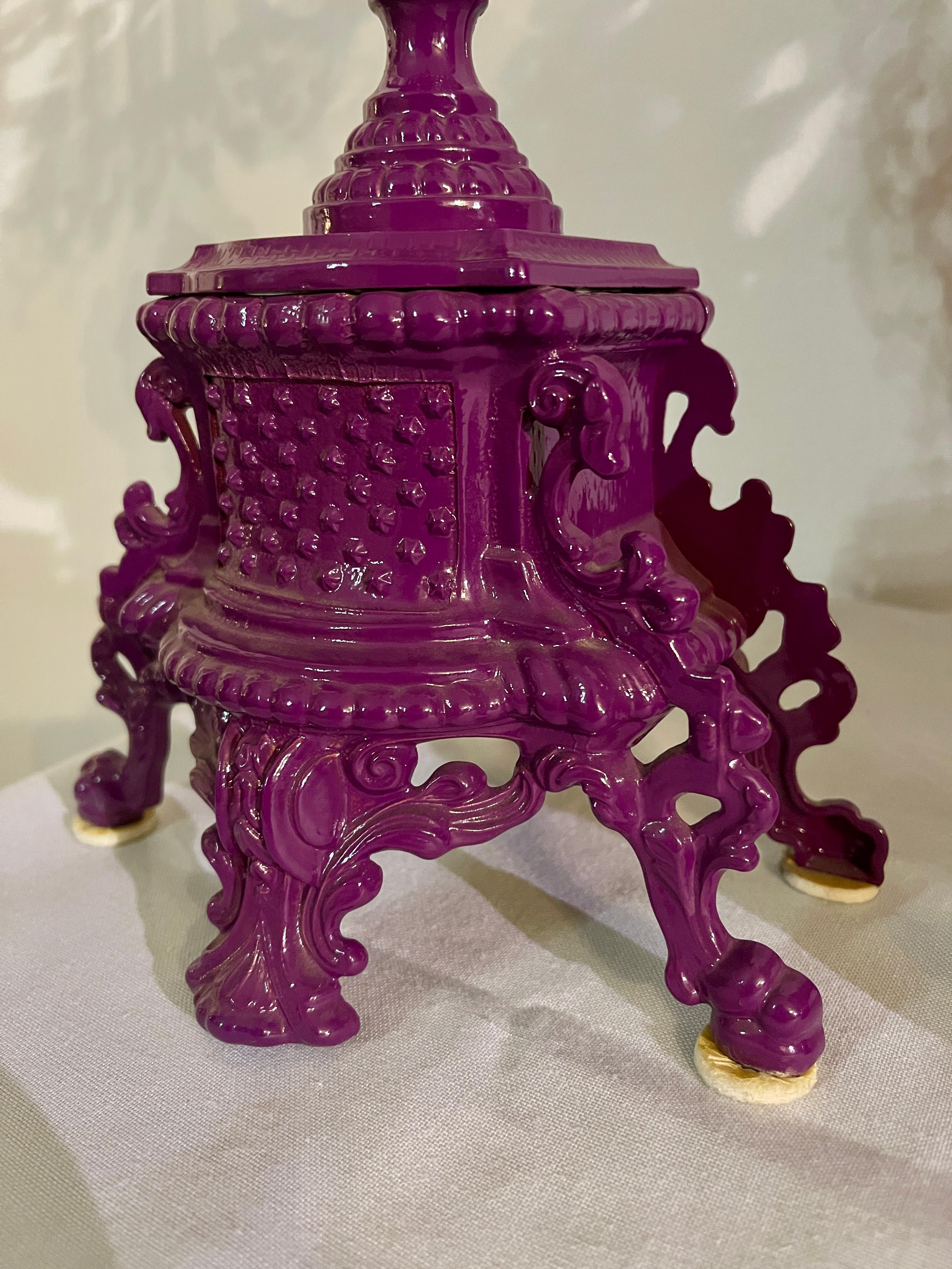 20th Century Triptych of purple candelabra with mechanical clock in 1990s baroque style For Sale