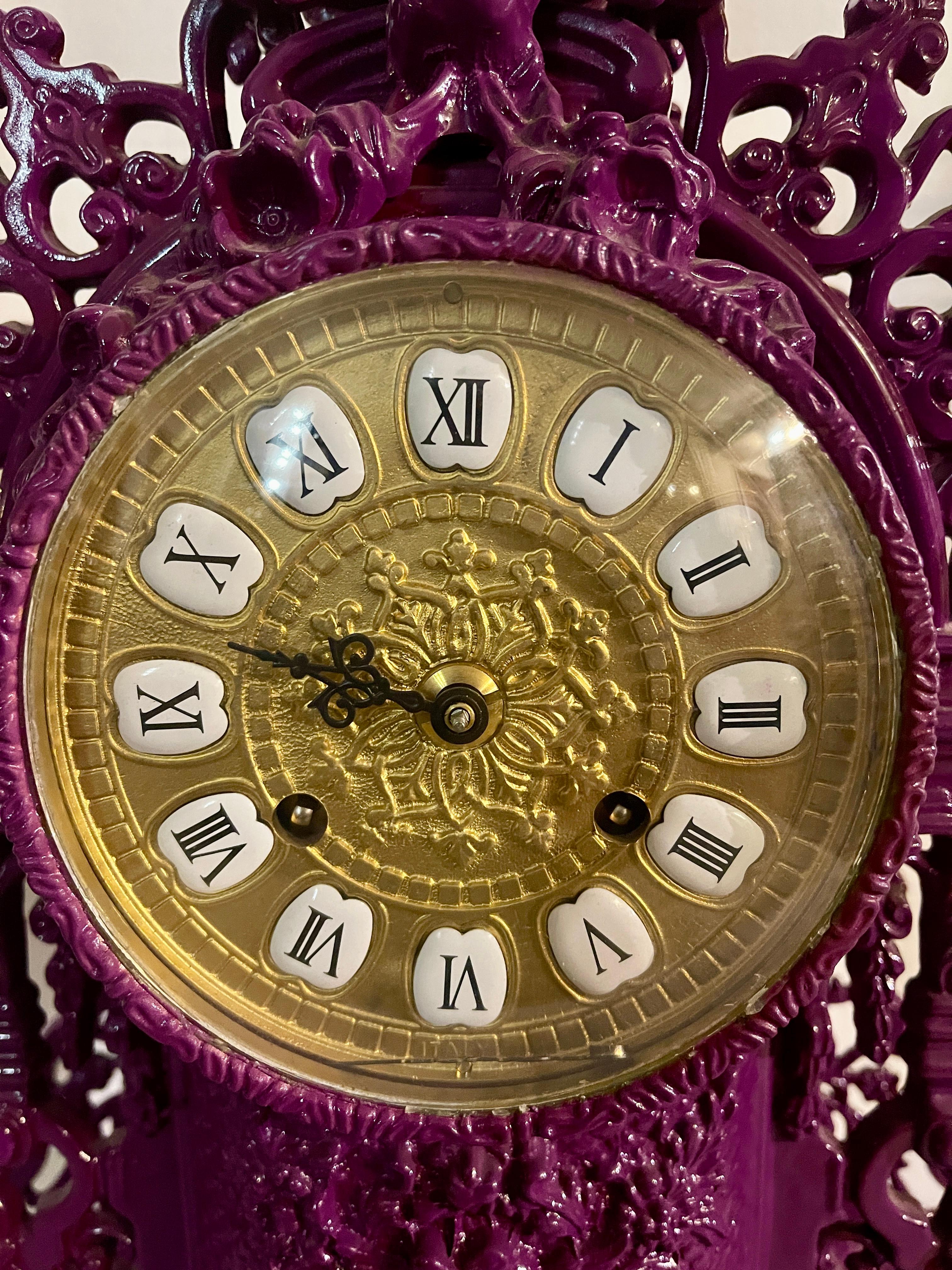 Bronze Triptych of purple candelabra with mechanical clock in 1990s baroque style For Sale