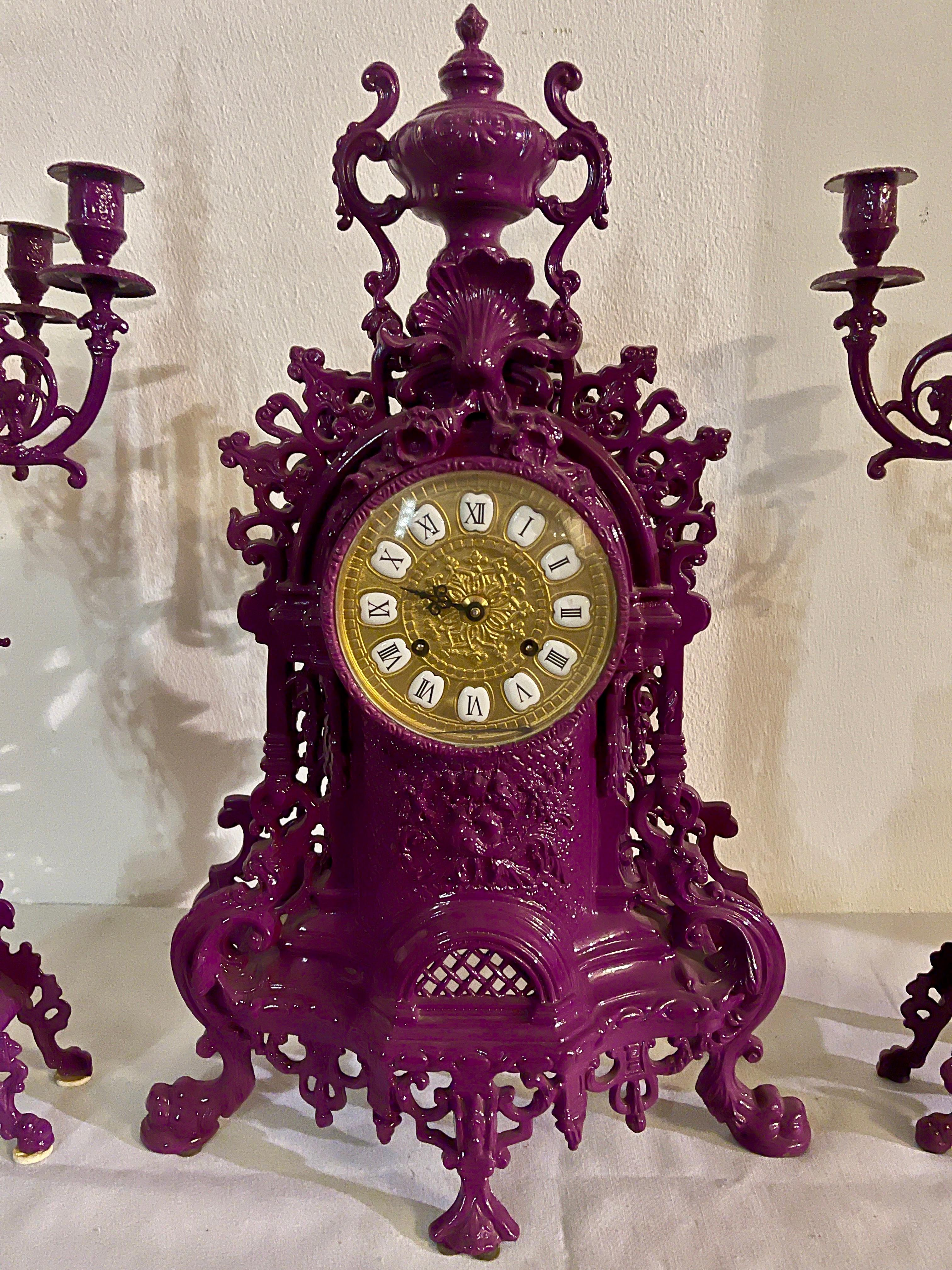 Triptych of purple candelabra with mechanical clock in 1990s baroque style For Sale 1