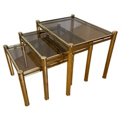 Trittico di tavolini in ottone e vetro design tommaso barbi anni '70