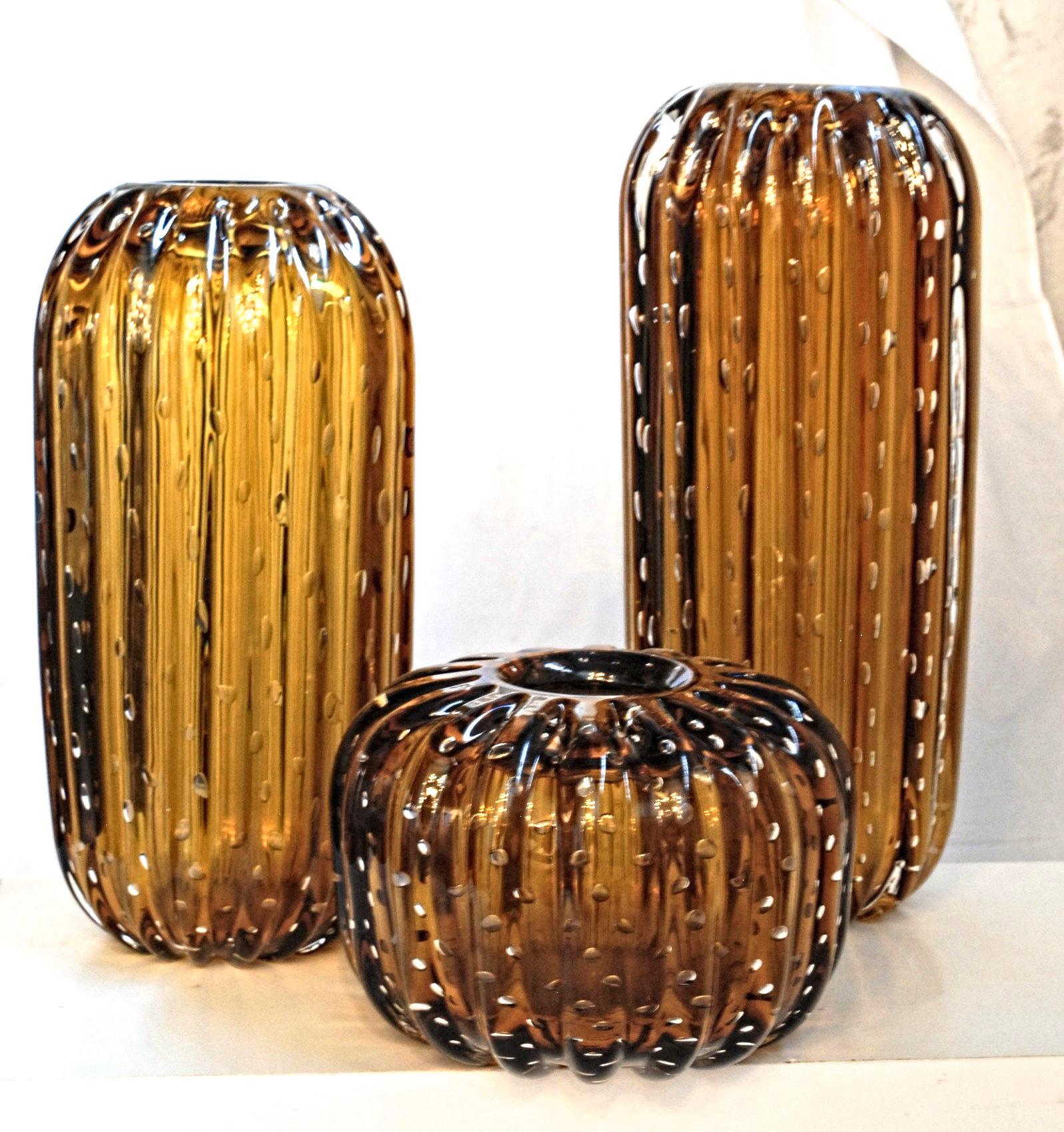 Trittico, Ribbed Baloton Amber Saguaro Shaped Vases, Barovier, Murano 4