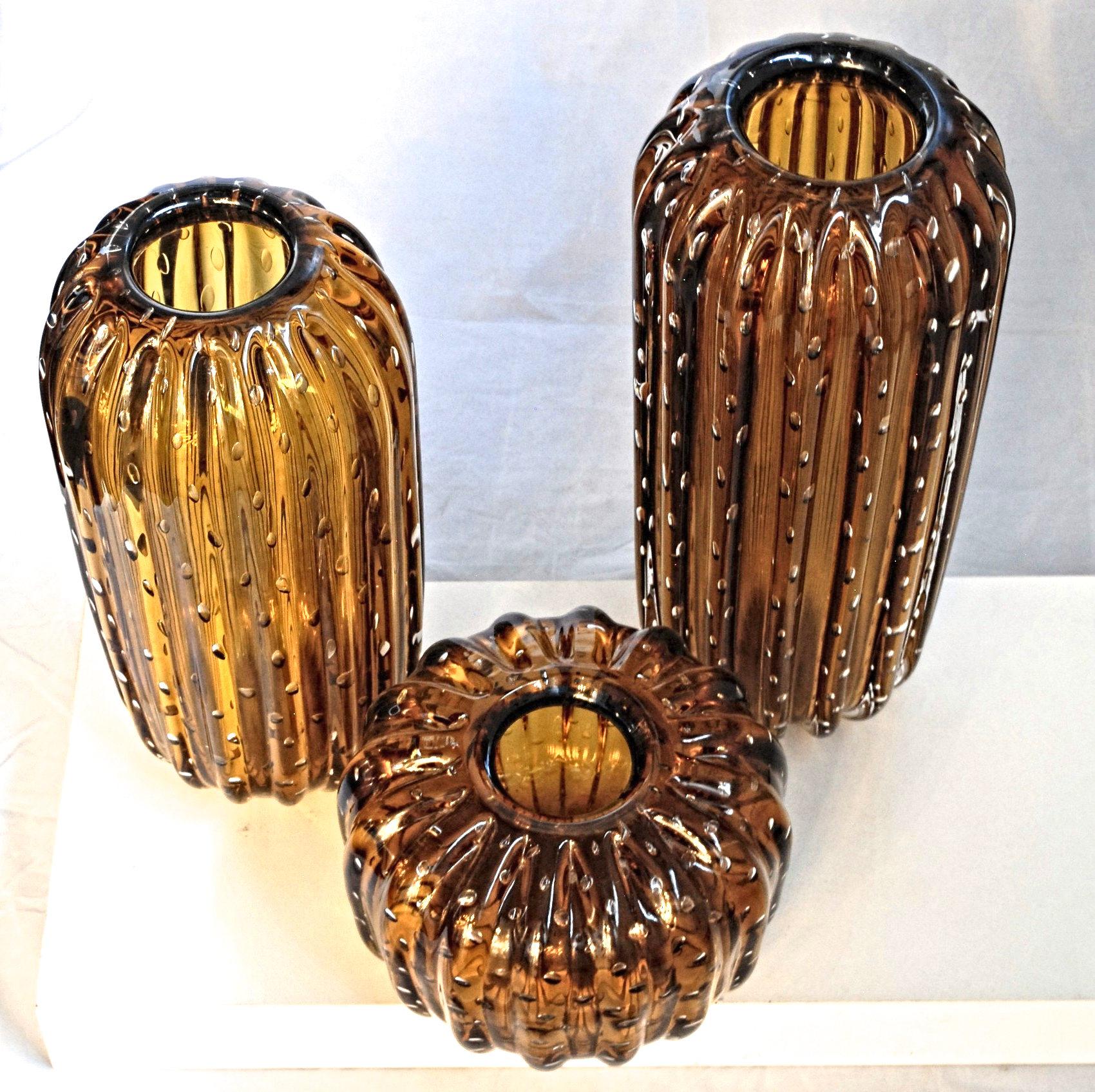 Trittico, Ribbed Baloton Amber Saguaro Shaped Vases, Barovier, Murano 8