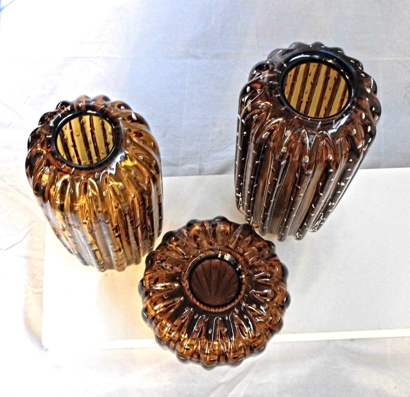 Trittico, Ribbed Baloton Amber Saguaro Shaped Vases, Barovier, Murano In Excellent Condition In Tavarnelle val di Pesa, Florence