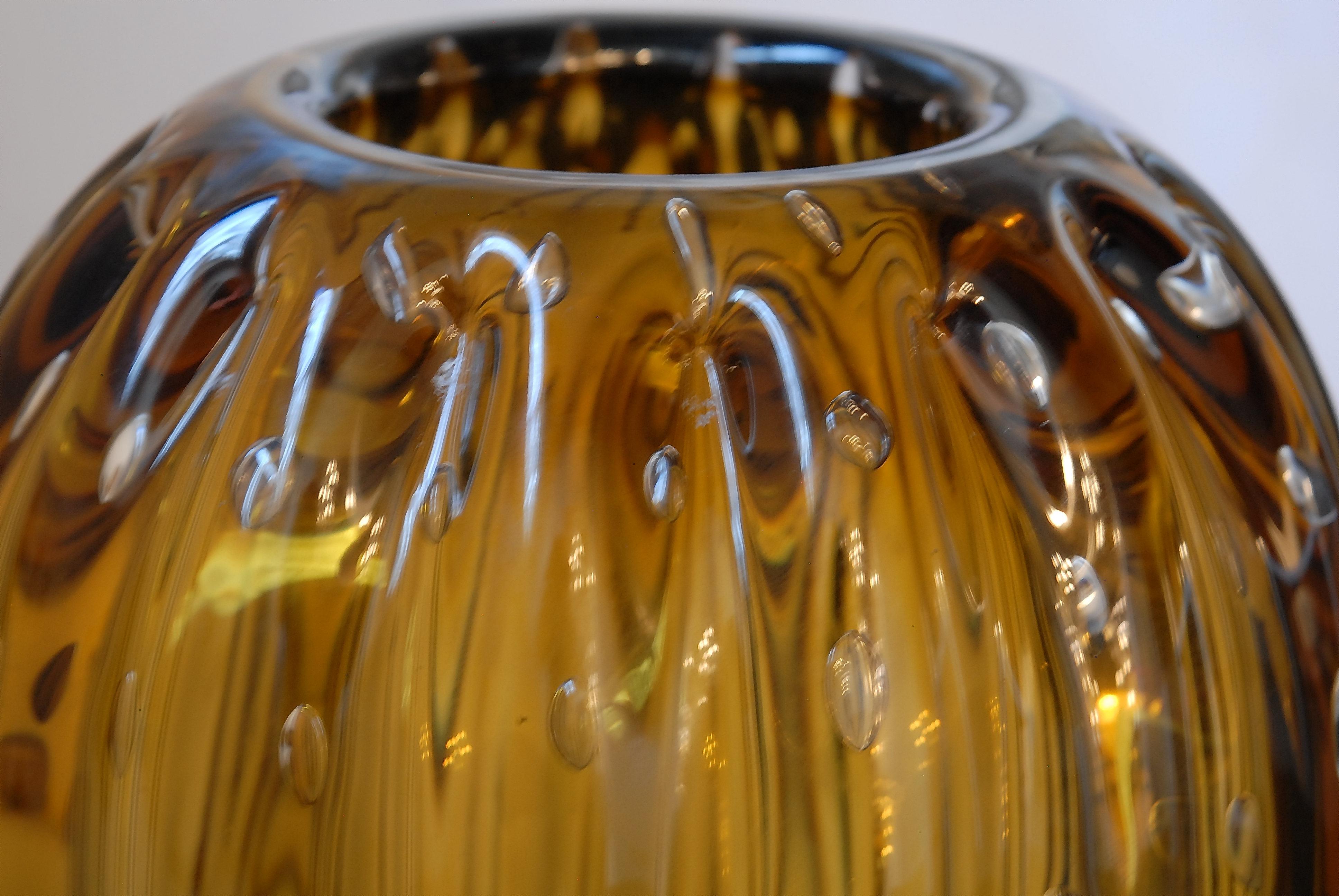 20th Century Trittico, Ribbed Baloton Amber Saguaro Shaped Vases, Barovier, Murano