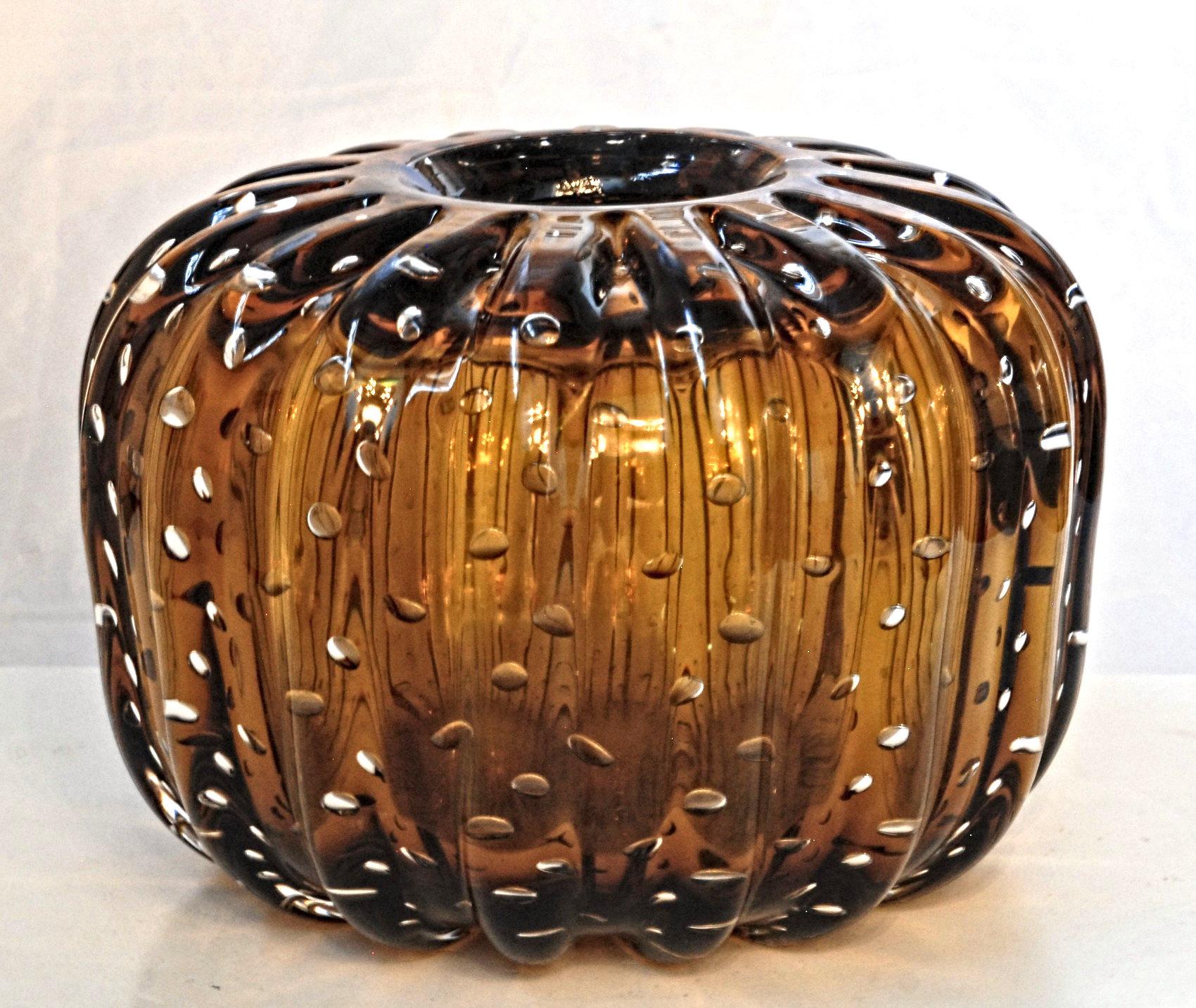 Art Glass Trittico, Ribbed Baloton Amber Saguaro Shaped Vases, Barovier, Murano
