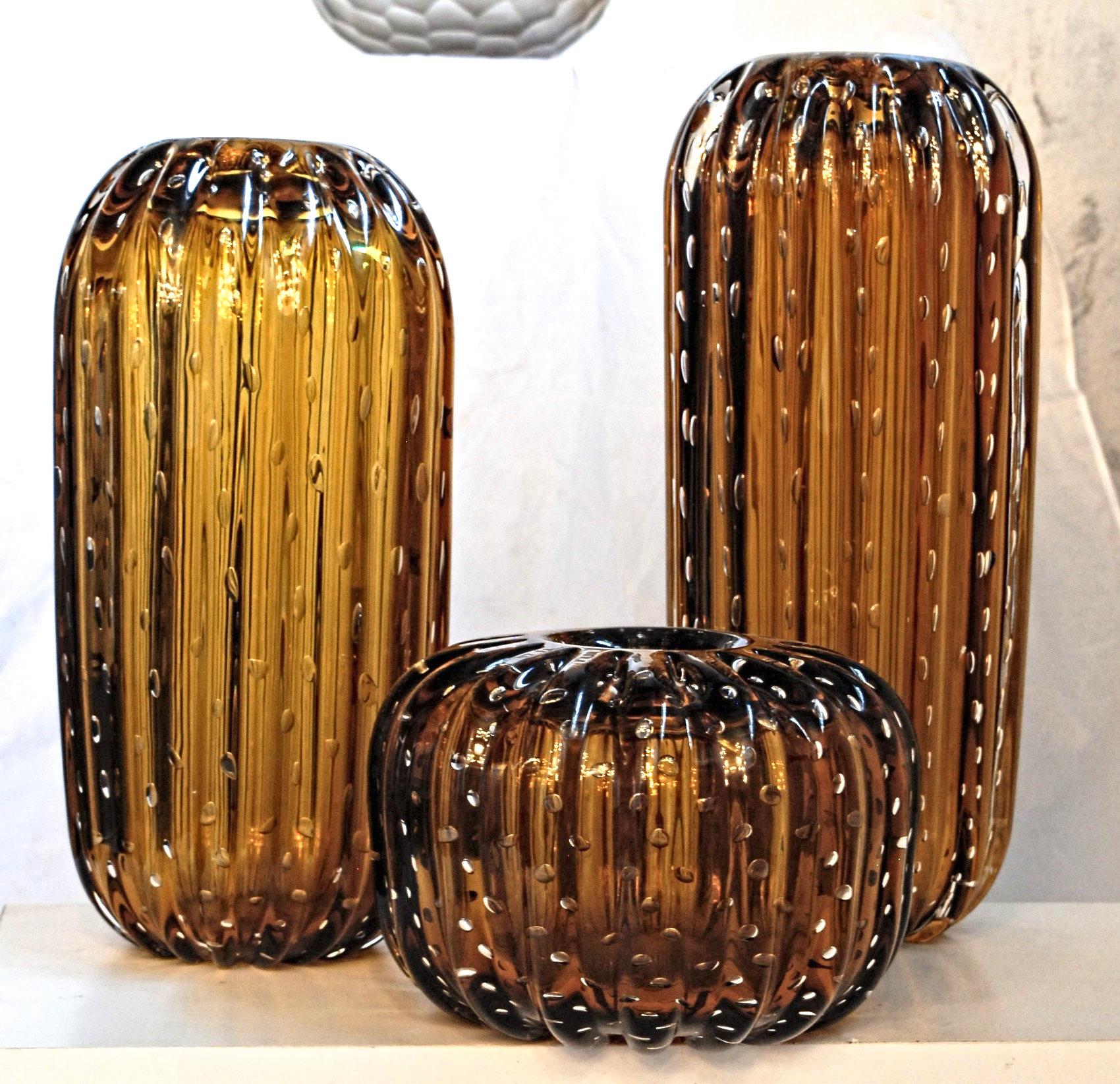 Trittico, Ribbed Baloton Amber Saguaro Shaped Vases, Barovier, Murano 1