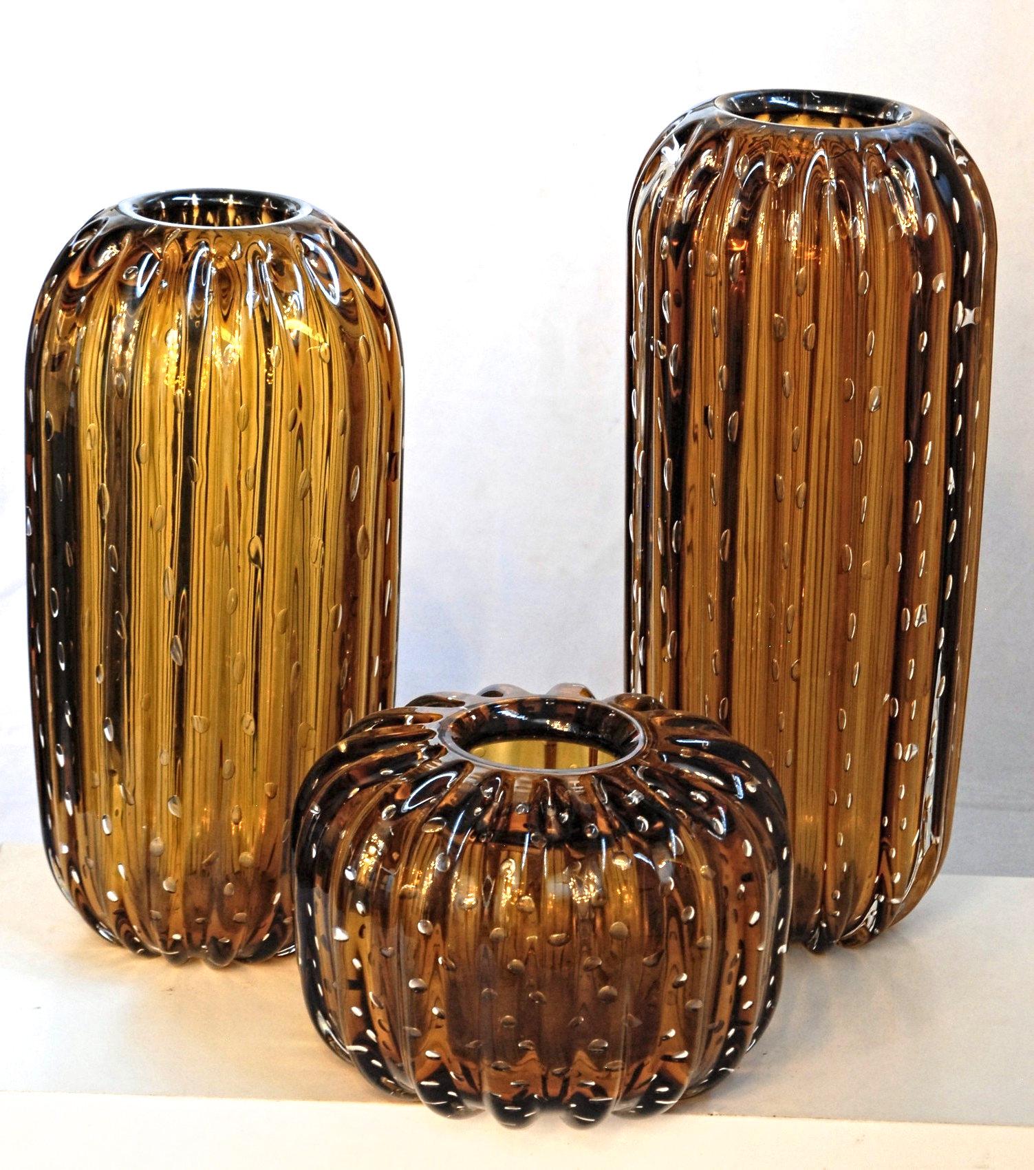 Trittico, Ribbed Baloton Amber Saguaro Shaped Vases, Barovier, Murano 2