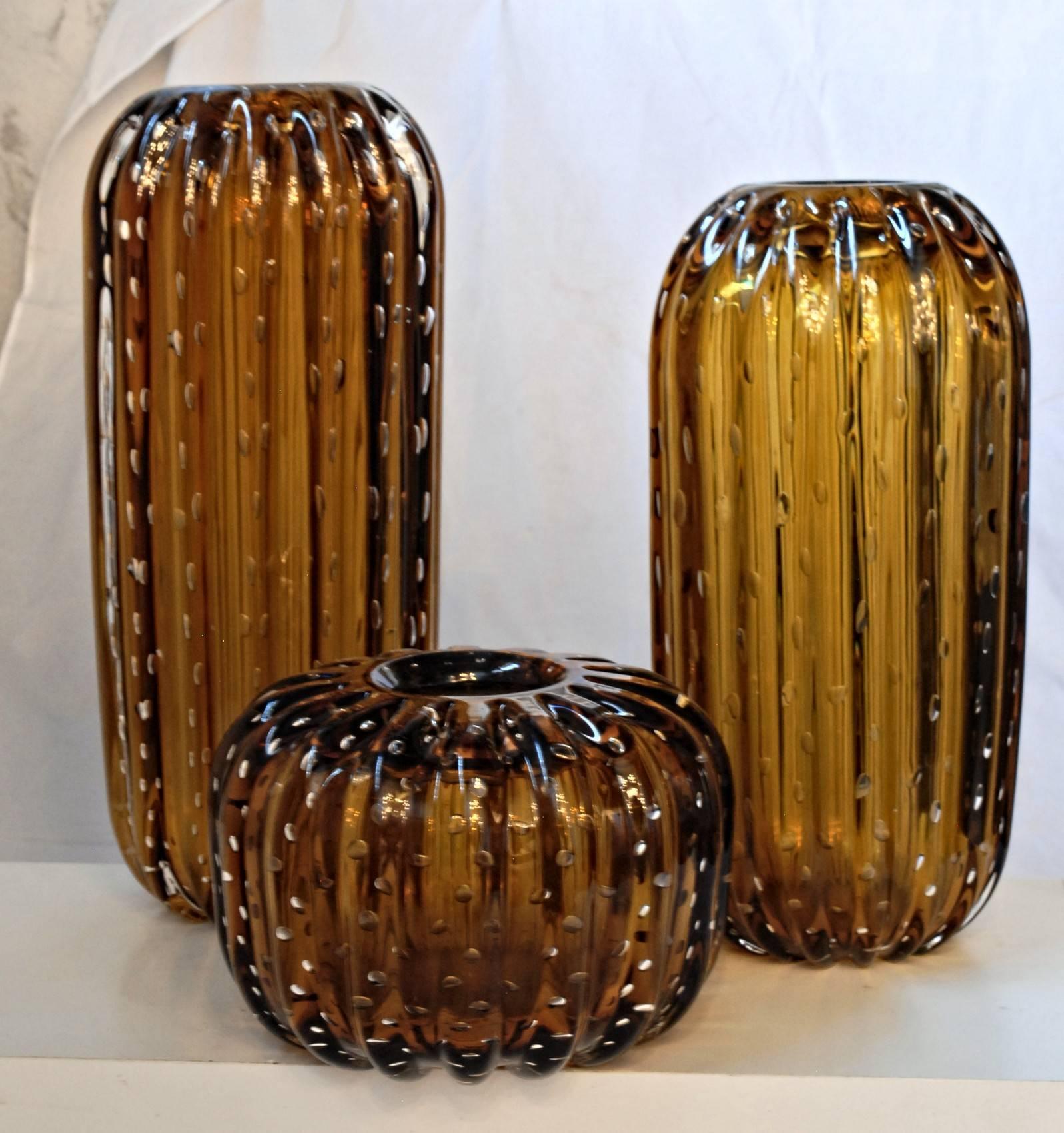 Mid-Century Modern Trittico, Ribbed Baloton Amber Saguaro Shaped Vases, Barovier, 1950 Murano