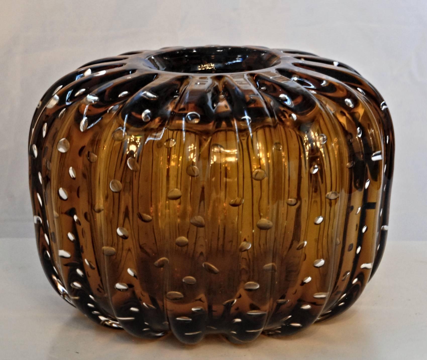 Italian Trittico, Ribbed Baloton Amber Saguaro Shaped Vases, Barovier, 1950 Murano