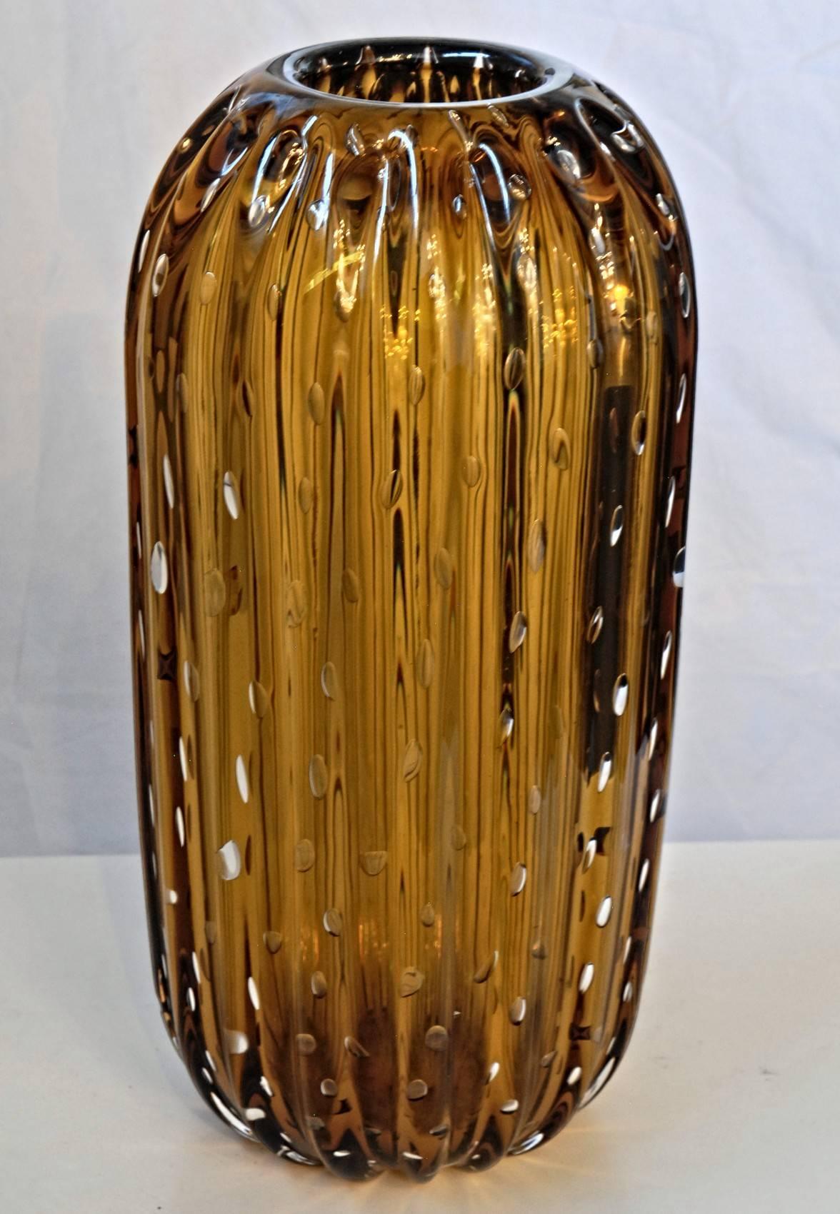 20th Century Trittico, Ribbed Baloton Amber Saguaro Shaped Vases, Barovier, 1950 Murano