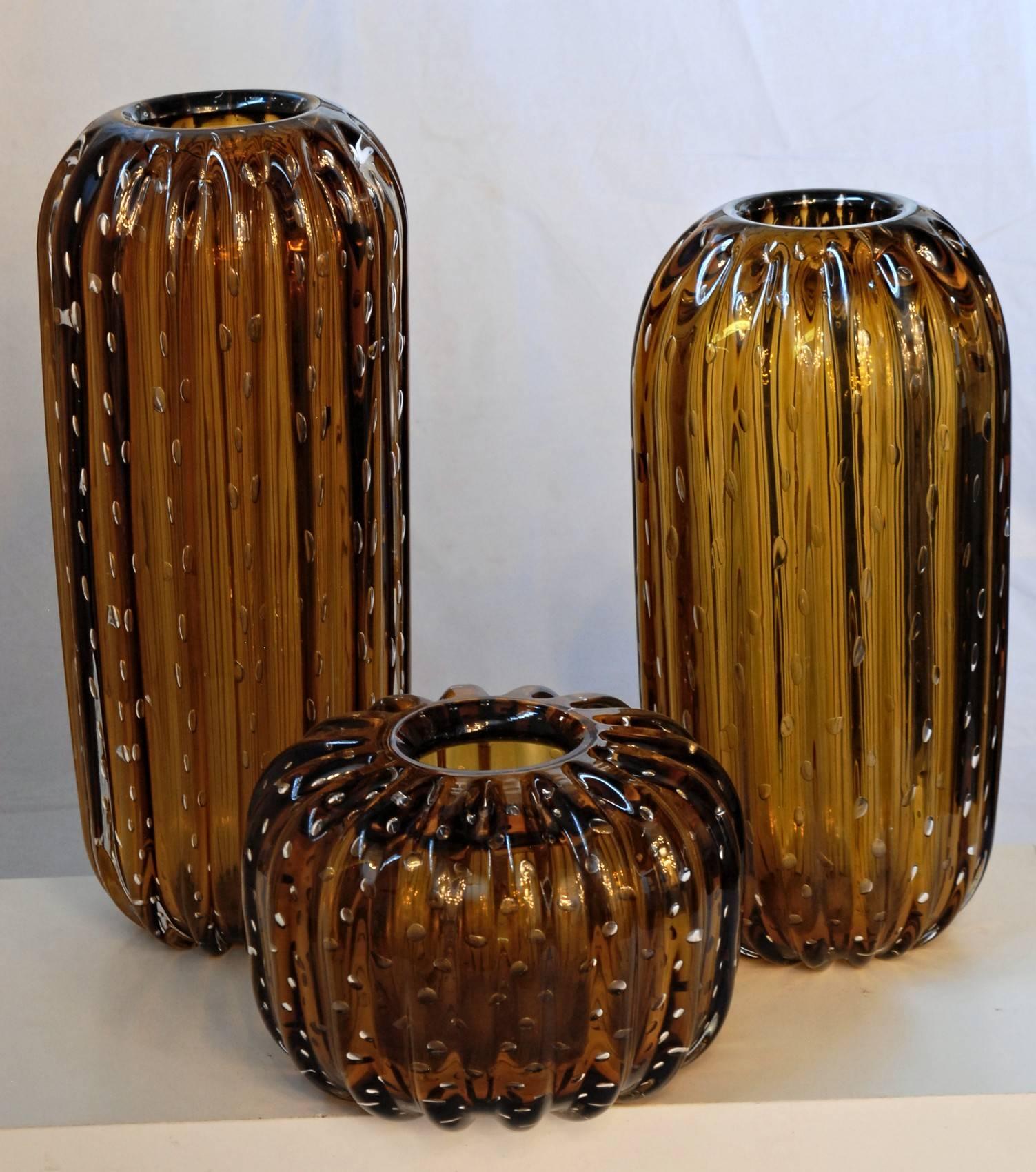 Art Glass Trittico, Ribbed Baloton Amber Saguaro Shaped Vases, Barovier, 1950 Murano