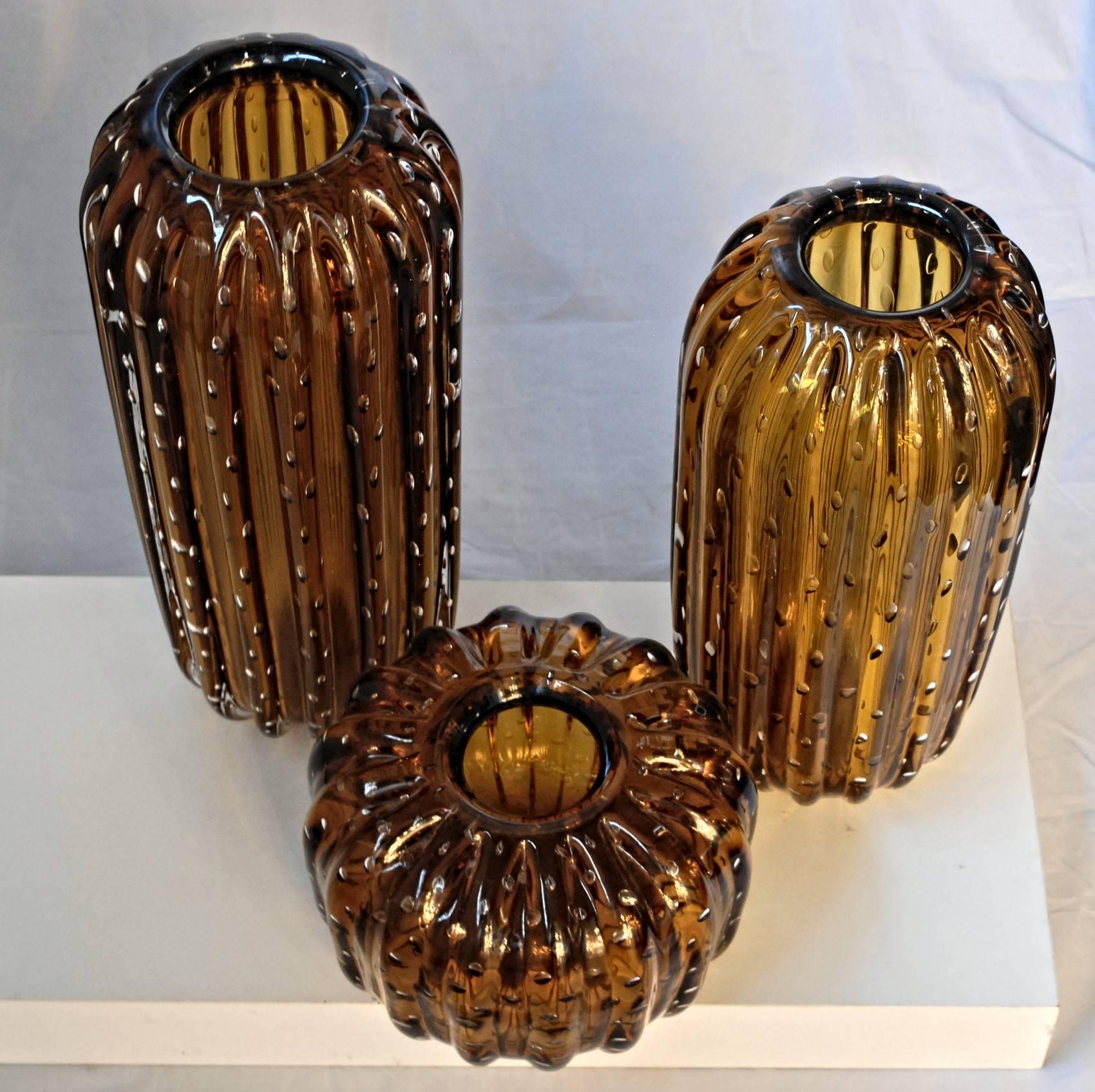 Trittico, Ribbed Baloton Amber Saguaro Shaped Vases, Barovier, 1950 Murano 1
