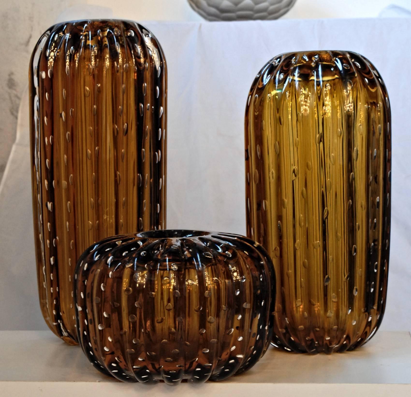 Trittico, Ribbed Baloton Amber Saguaro Shaped Vases, Barovier, 1950 Murano 2