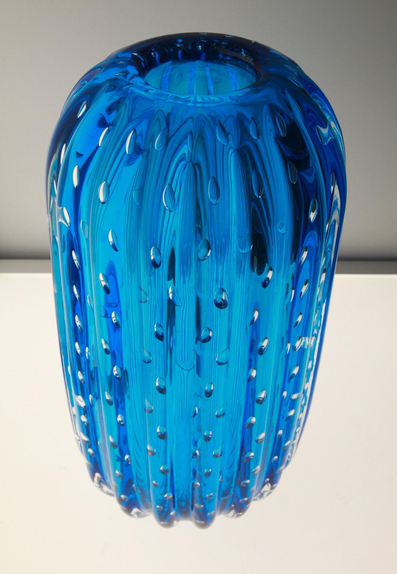 Trittico, Ribbed Baloton Deep Acquamarine Saguaro Shaped Vases, Barovier, Murano 12