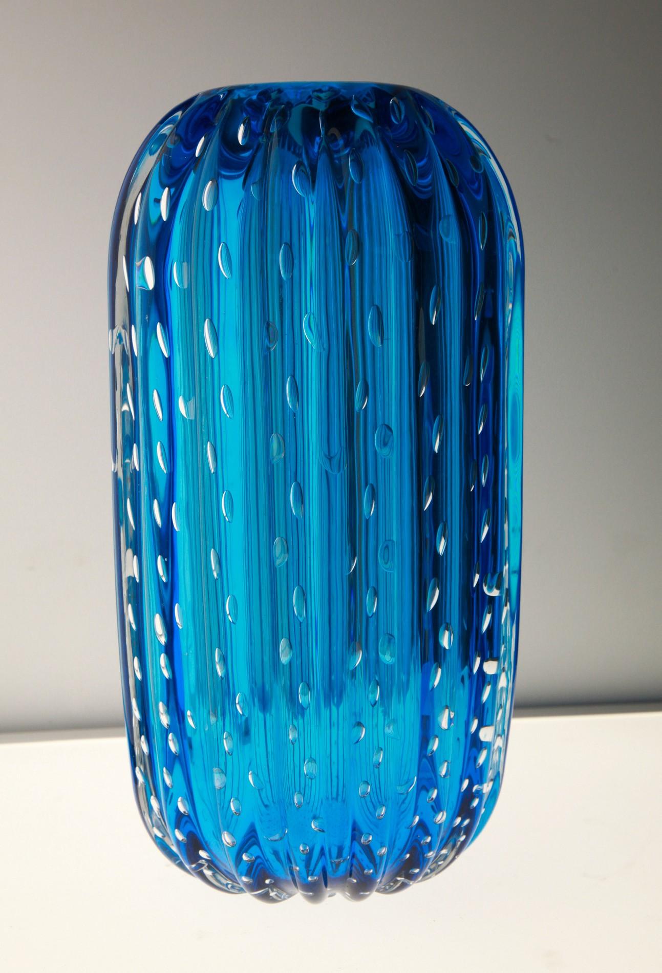 20th Century Trittico, Ribbed Baloton Deep Acquamarine Saguaro Shaped Vases, Barovier, Murano