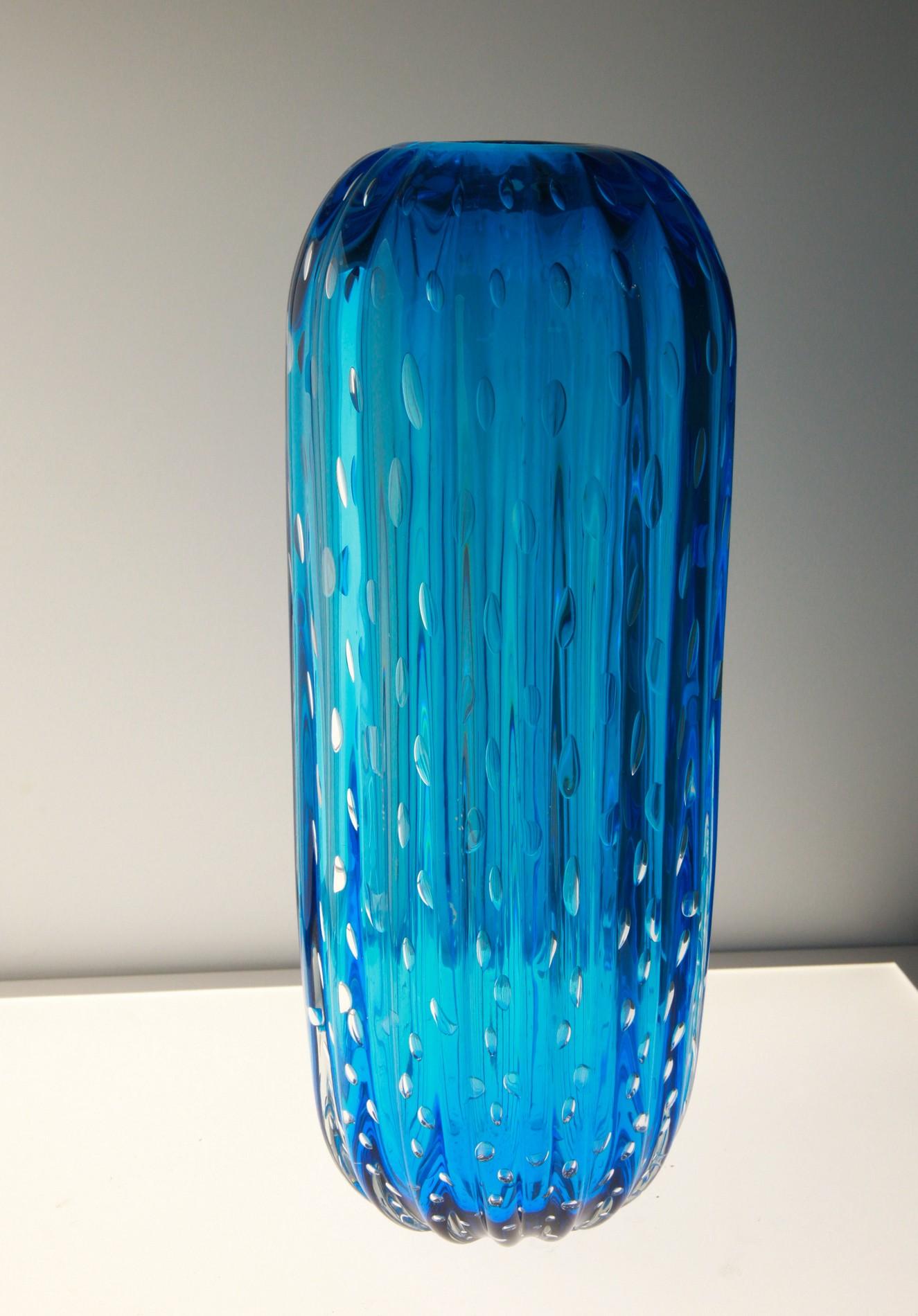 Art Glass Trittico, Ribbed Baloton Deep Acquamarine Saguaro Shaped Vases, Barovier, Murano