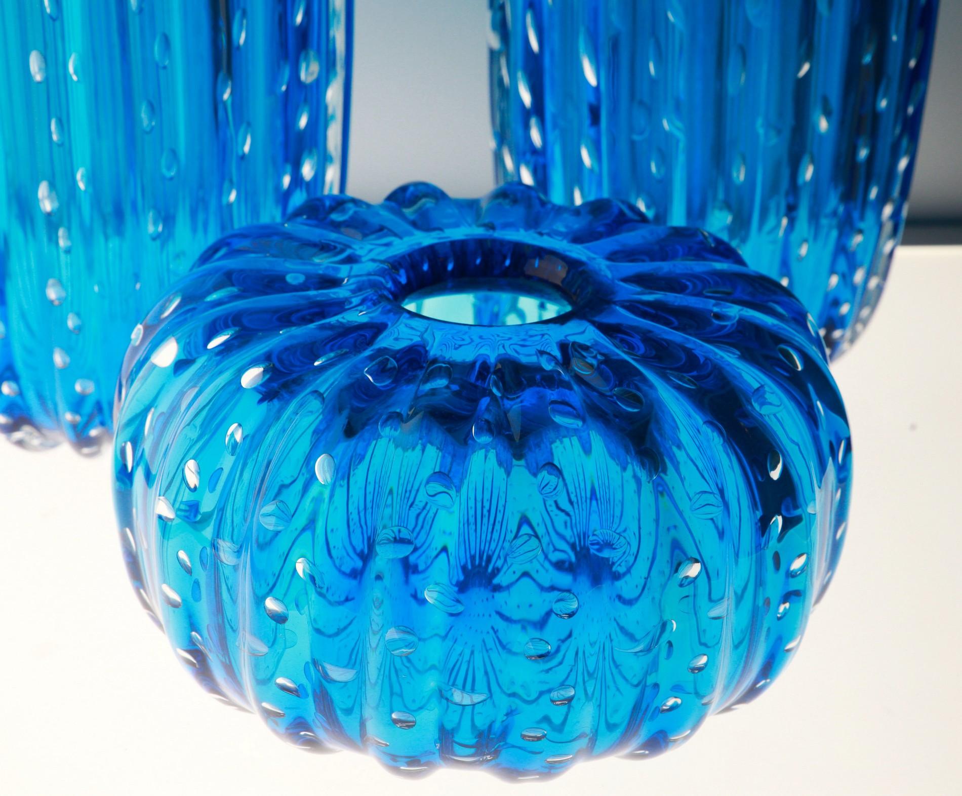 Trittico, Ribbed Baloton Deep Acquamarine Saguaro Shaped Vases, Barovier, Murano 1