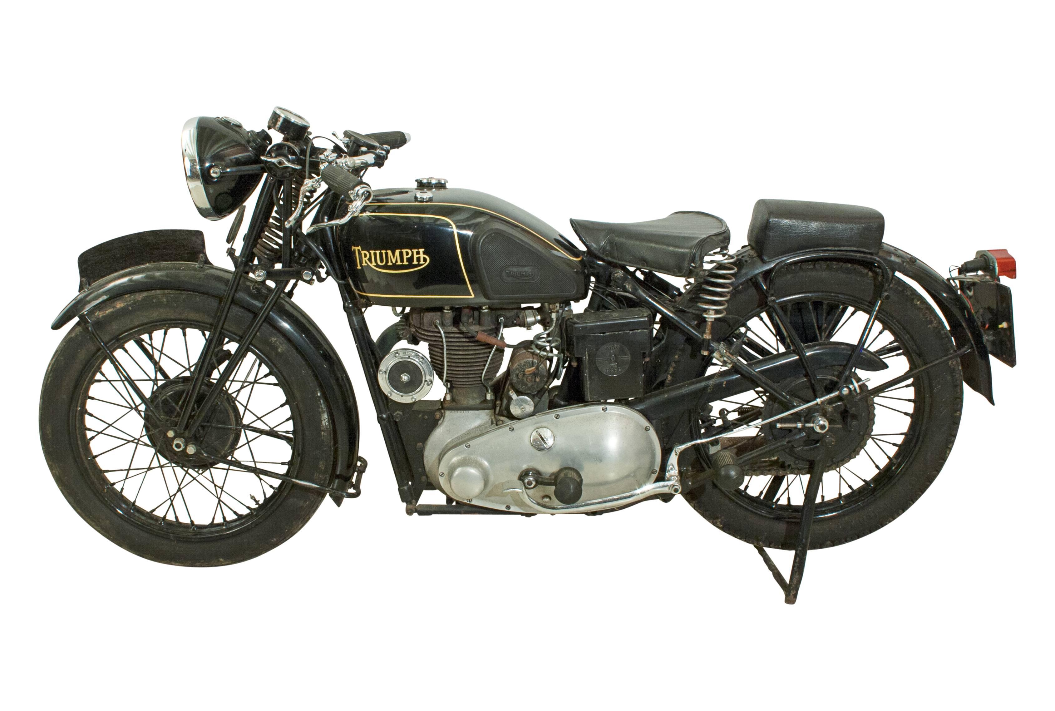 1936 Triumph Motorcycle Val Page Design.
An original 350cc Triumph Motorcycle, model 3/2, first registered in 1936. This Triumph bike is in very good condition with original matching engine and frame numbers Tax and MOT exempt, black colour,