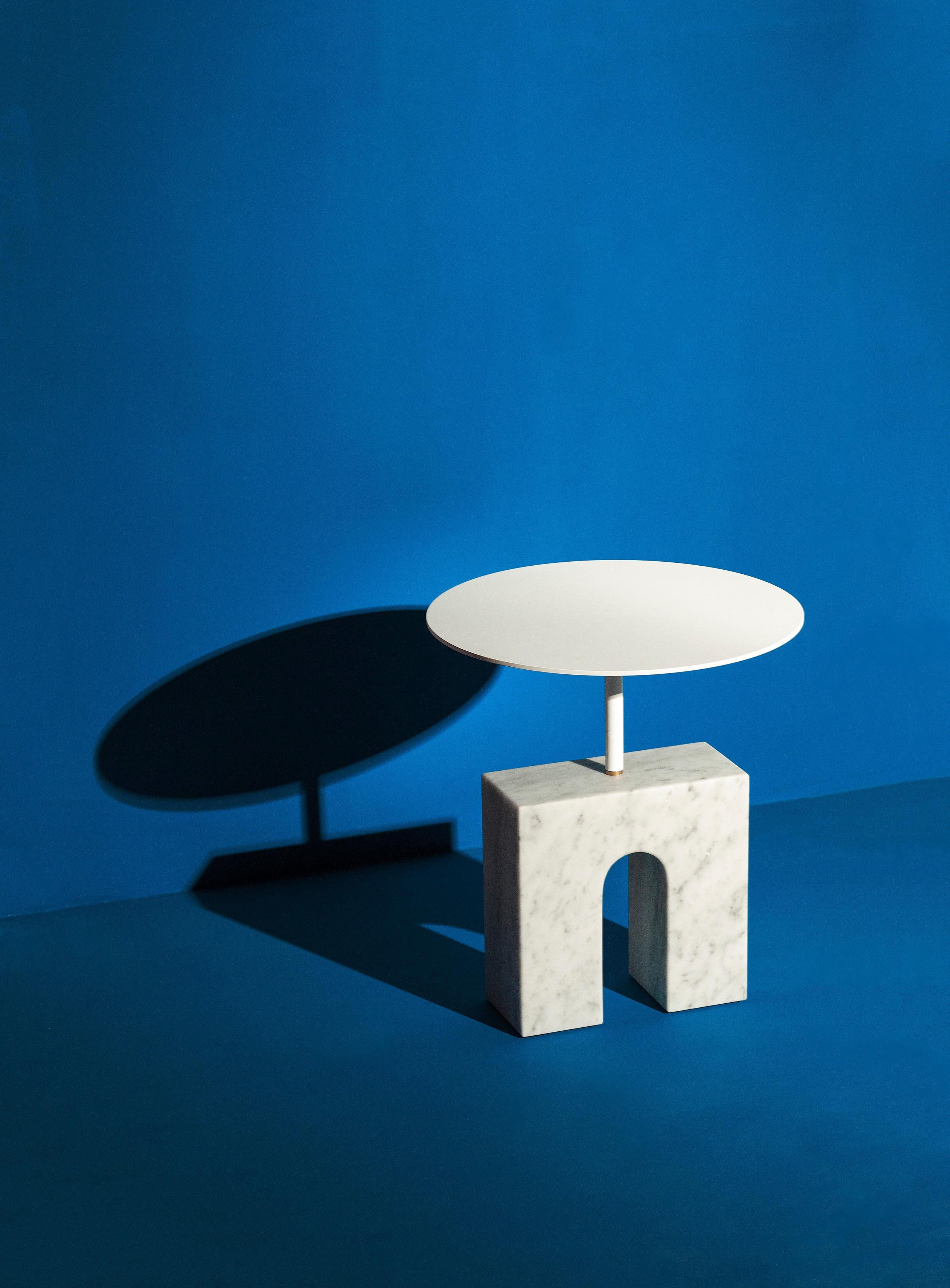 Triumph marble side table by Joseph Vila Capdevila
Materials: Carrara marble, white lacquered iron, brass
Dimensions: ø 42 x 46.5 cm
Weight: 27 kg

Luxurious mirror in two separated parts: the base, made with premium Carrara marble, and mirror,