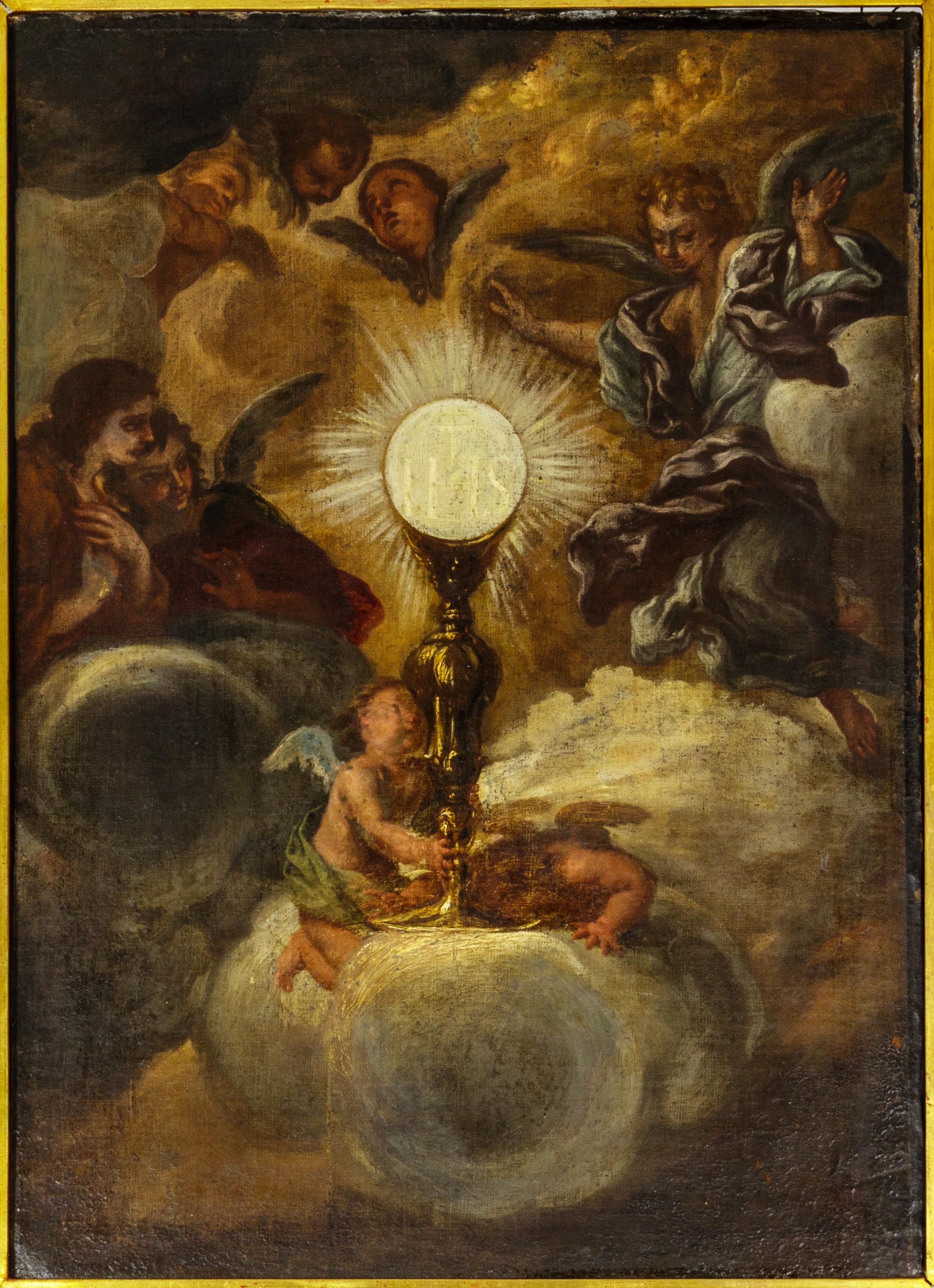 Ein Gemälde aus der Zeit vor 1678 von einem berühmten Fresko des Triumphes des Namens Jesu aus der Gesù-Kirche in Rom, das 1684 vollendet wurde und dem Altmeister Giovanni Battista Gaulli, auch bekannt als Baciccio oder Baciccia, einem italienischen