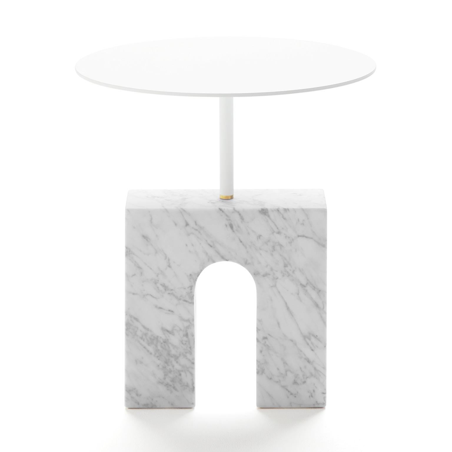 The Triumph Side Table is a minimalist style side table consisting of a treated Carrara marble base, a white lacquered aluminum round shaped top and a small brass piece, as a nexus between the two previous parts, all of them assembled in a logical