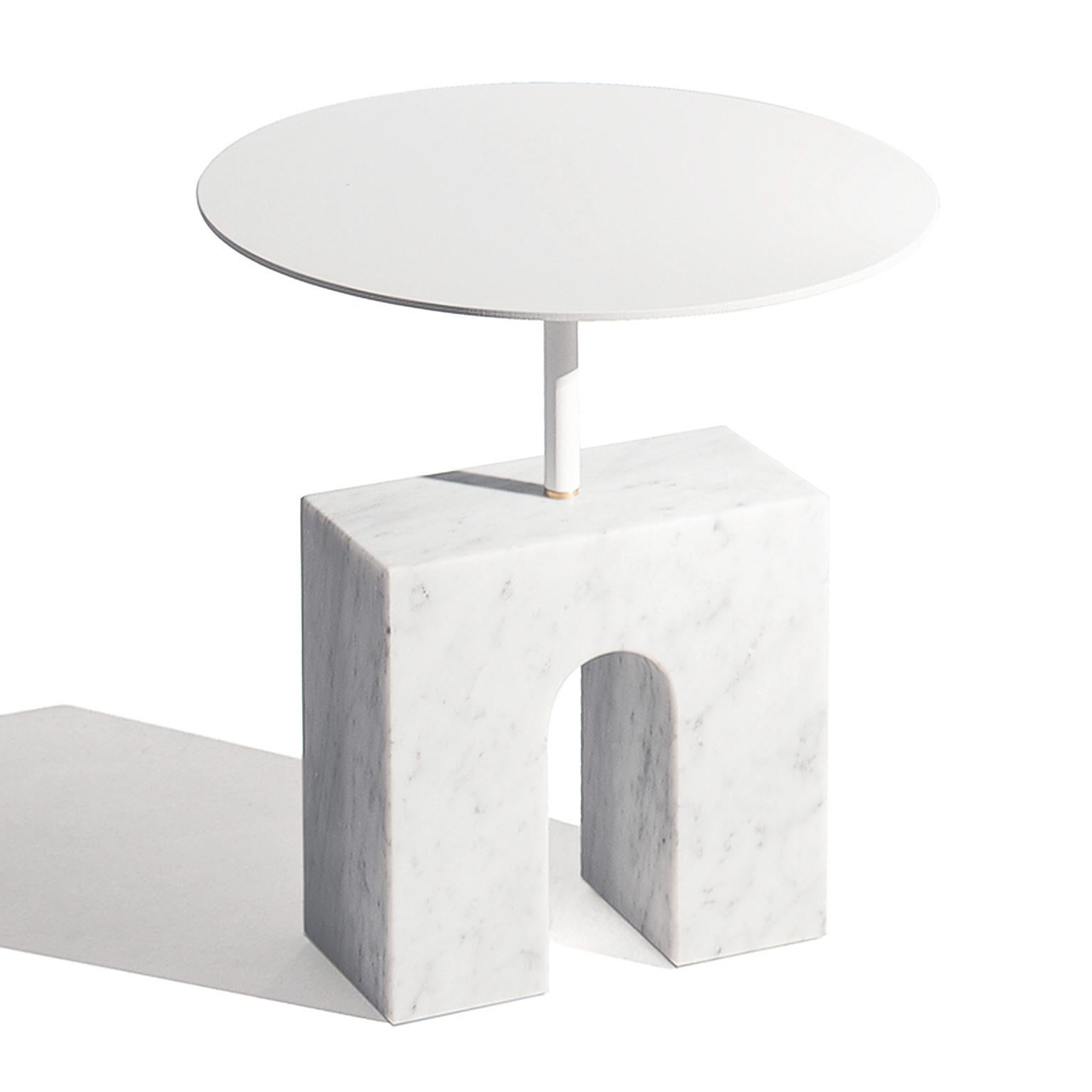 Spanish “Triumph Side Table” White Carrara Marble Minimalist Side Table by Aparentment For Sale