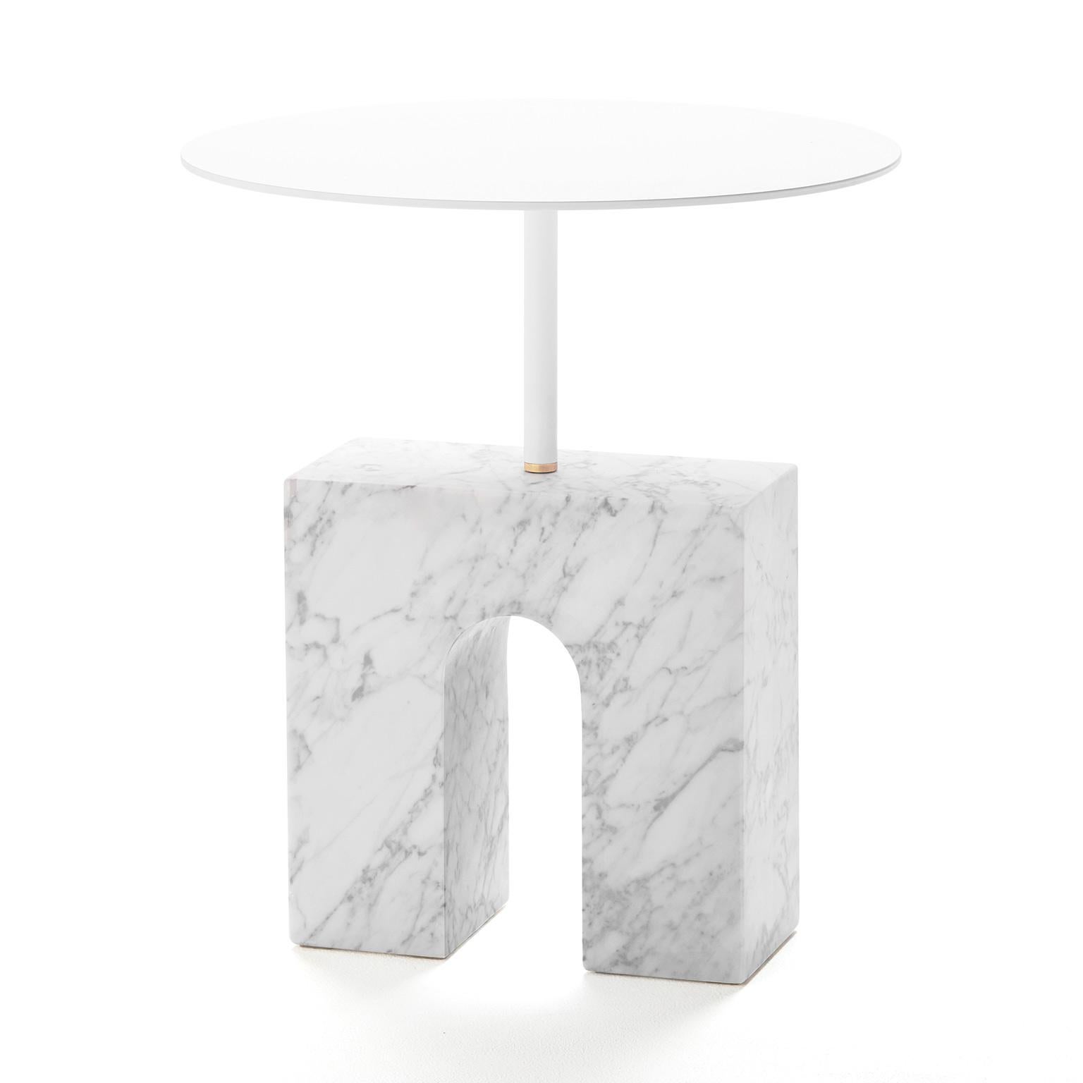 “Triumph Side Table” White Carrara Marble Minimalist Side Table by Aparentment For Sale 1