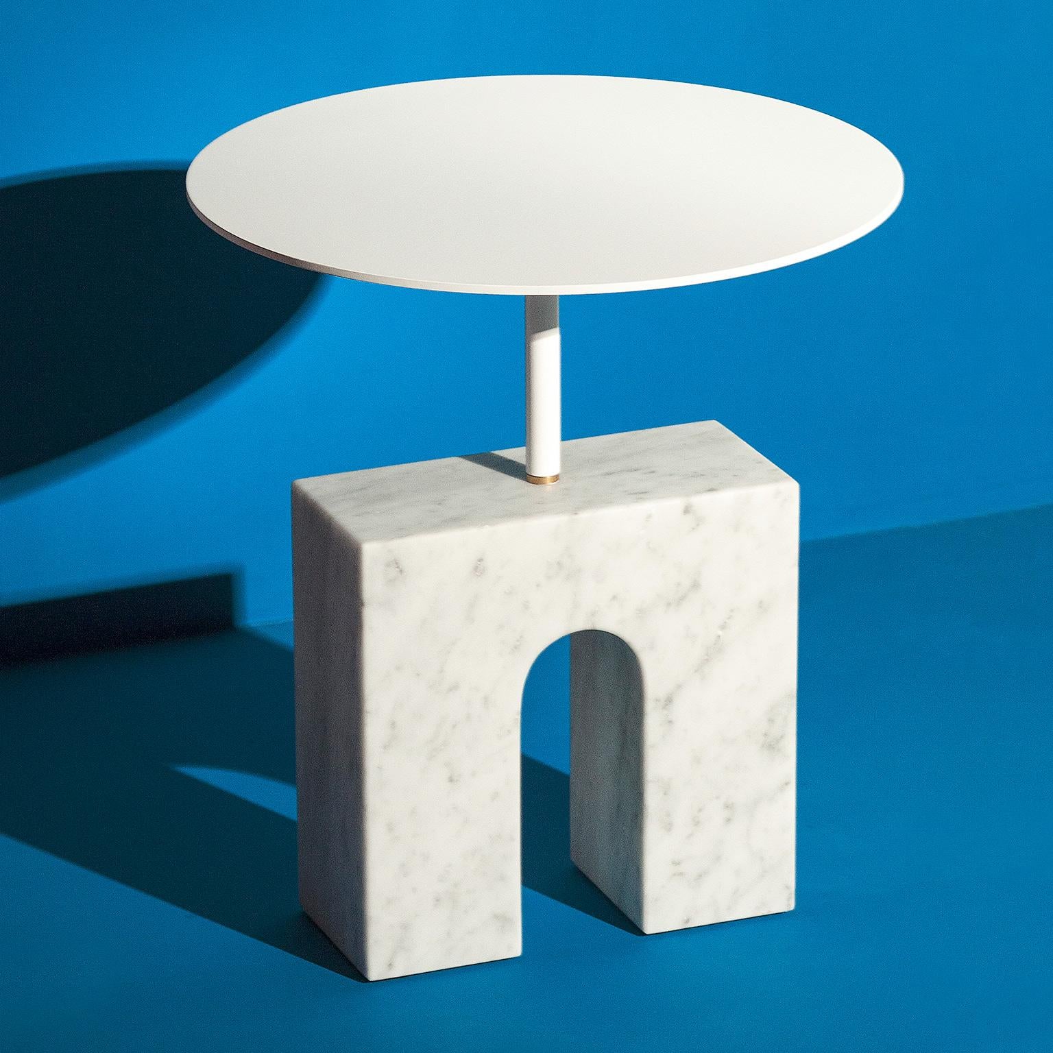 “Triumph Side Table” White Carrara Marble Minimalist Side Table by Aparentment For Sale 3