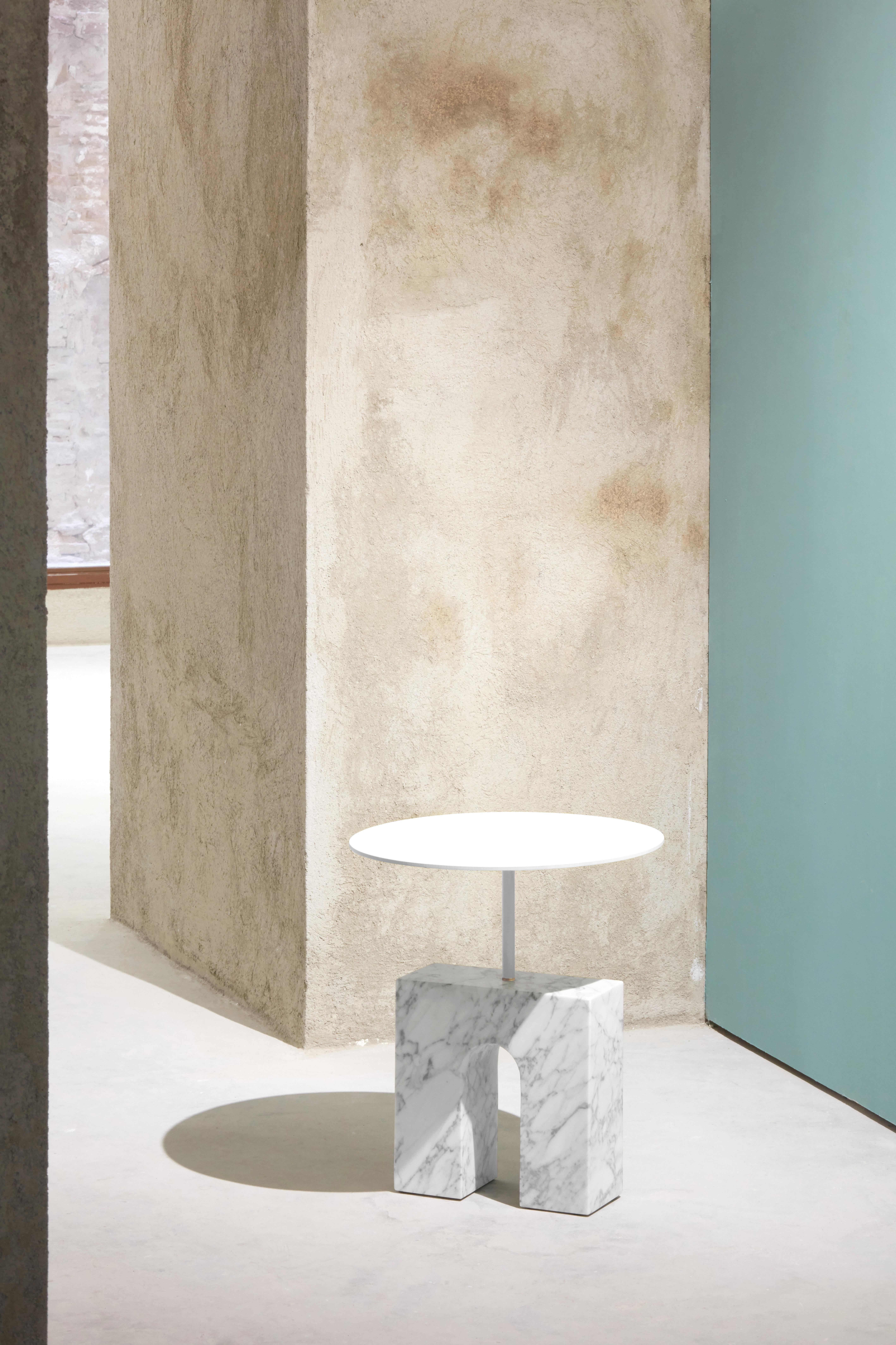 “Triumph Side Table” White Carrara Marble Minimalist Side Table by Aparentment For Sale 5