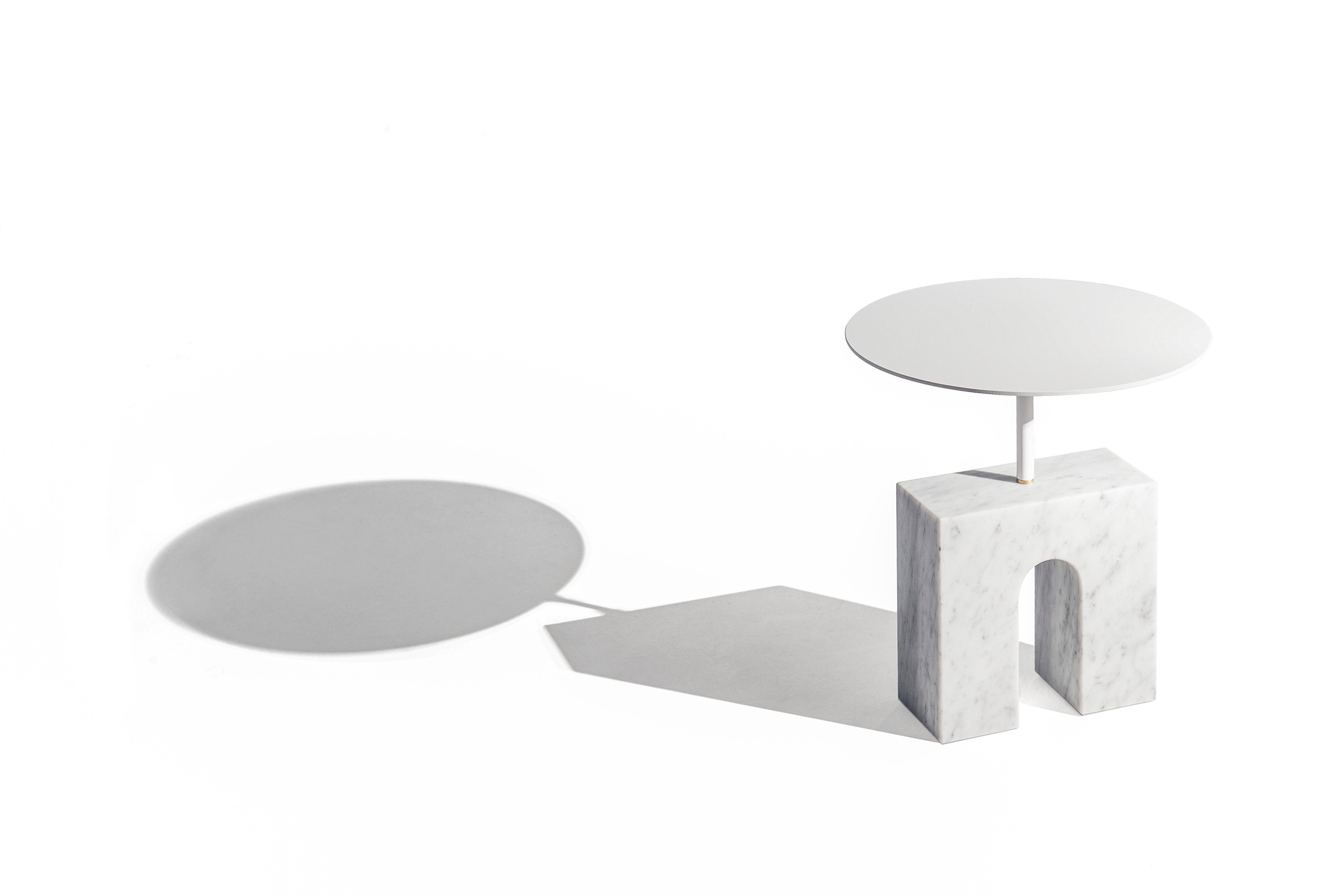 Contemporary “Triumph Side Table” White Carrara Marble Minimalist Side Table by Aparentment For Sale