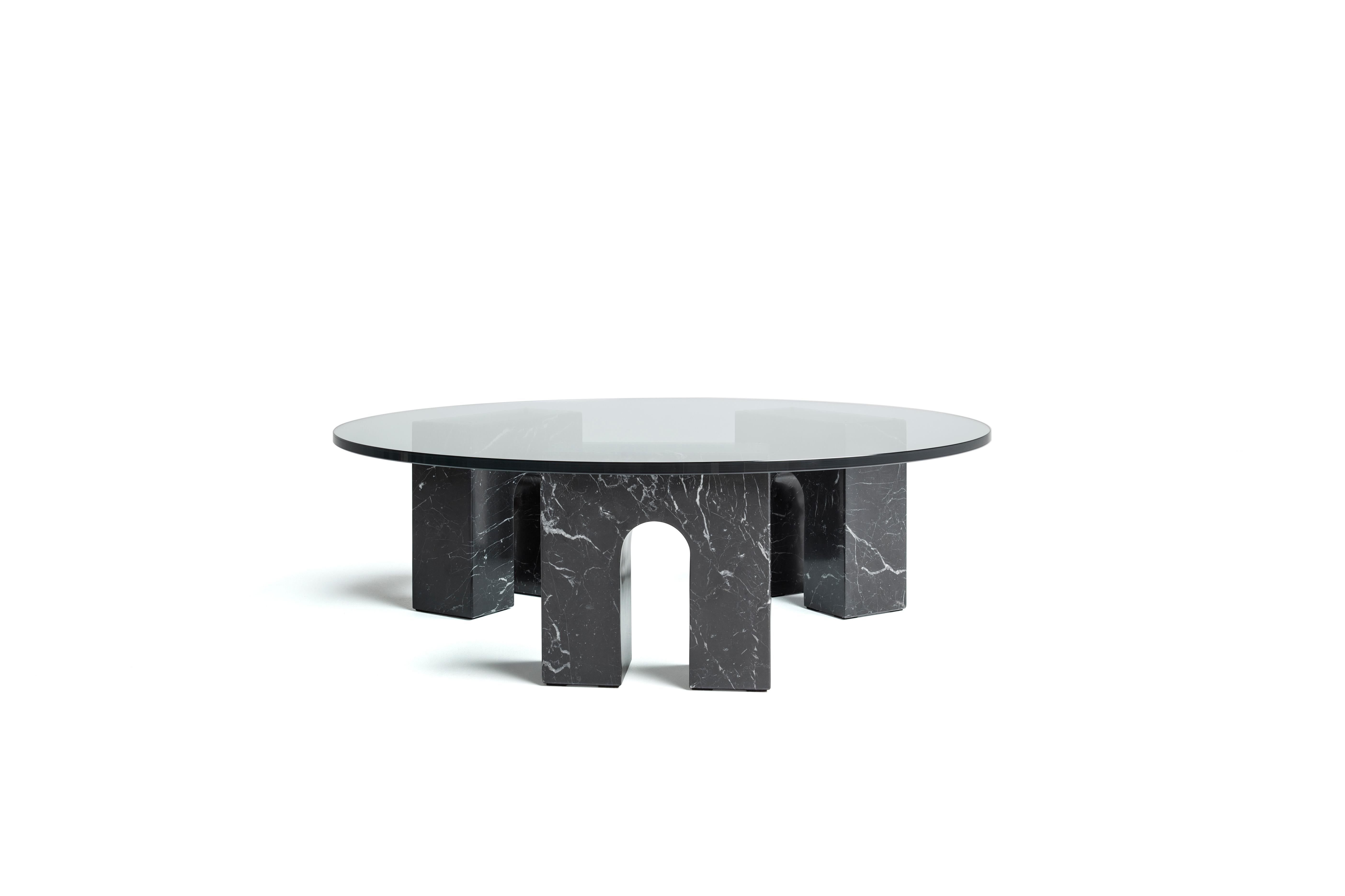 Spanish “Arch Table” White Carrara Marble and Glass Minimalist Coffee Table For Sale