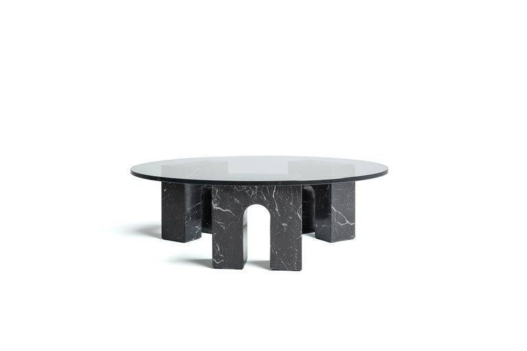 Polished “Arch Table” Minimalist Carrara Marble and Glass Coffee Table by Aparentment For Sale