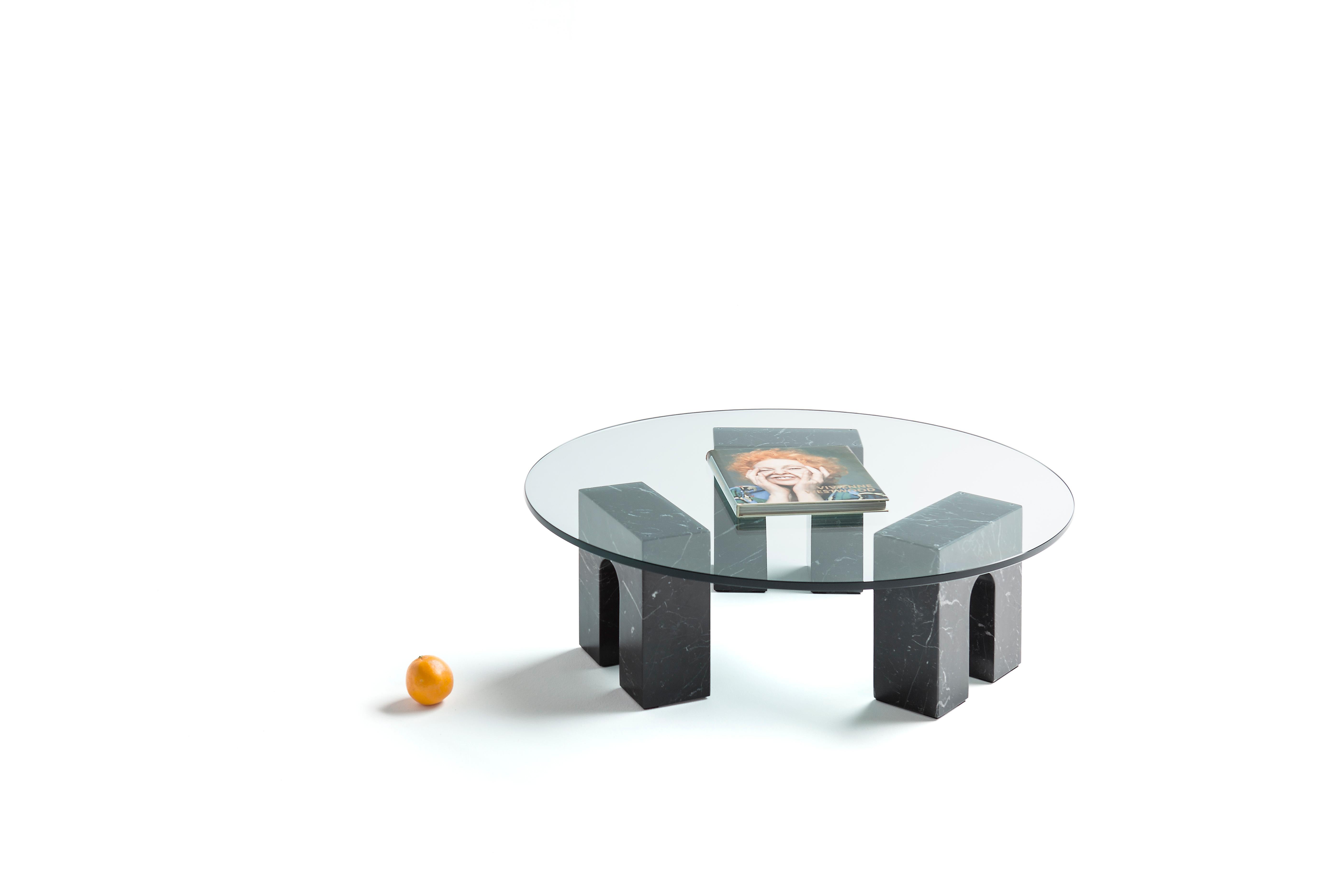 Polished “Arch Table” White Carrara Marble and Glass Minimalist Coffee Table For Sale
