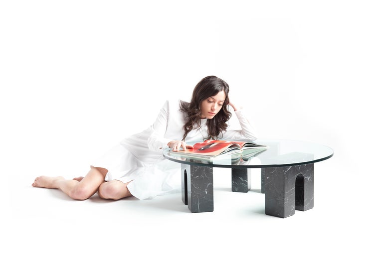 Contemporary “Arch Table” Minimalist Carrara Marble and Glass Coffee Table by Aparentment For Sale