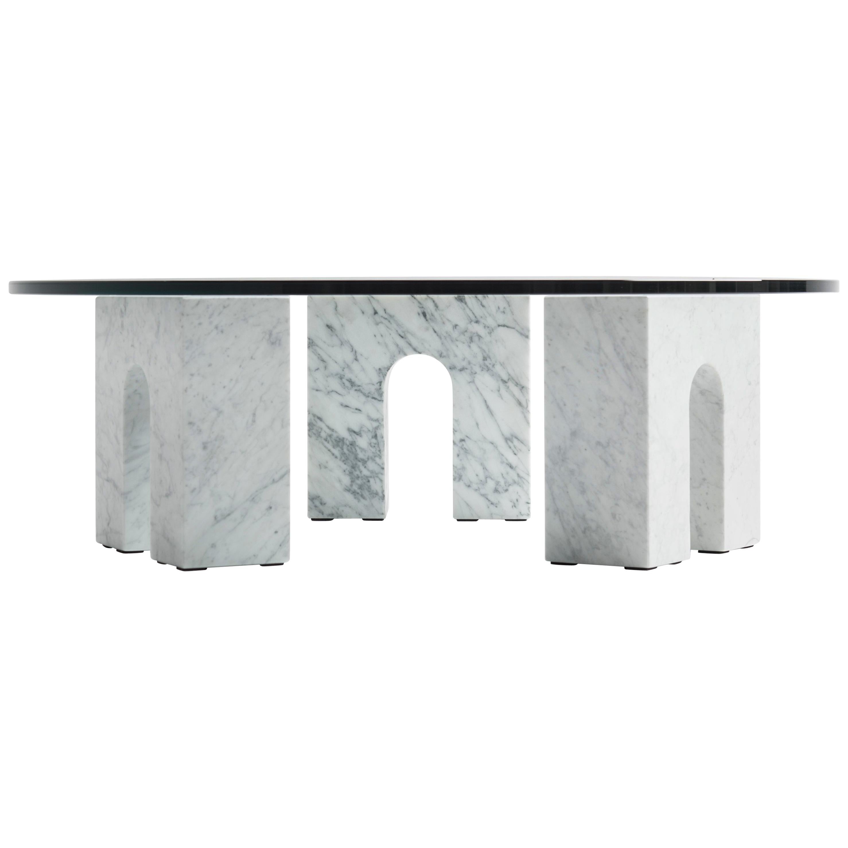 “Arch Table” White Carrara Marble and Glass Minimalist Coffee Table For Sale