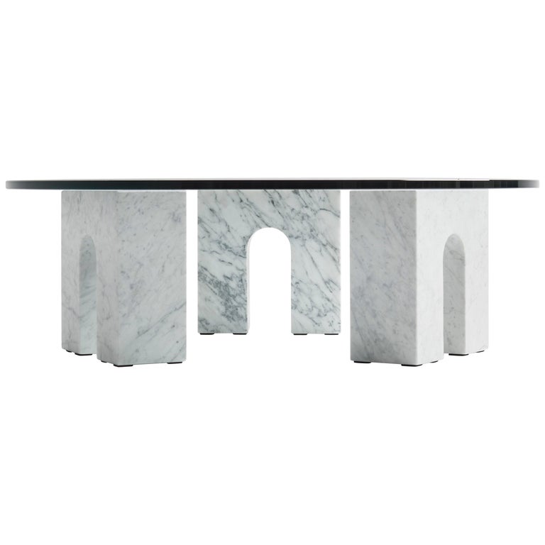 “Arch Table” Minimalist Carrara Marble and Glass Coffee Table by Aparentment For Sale