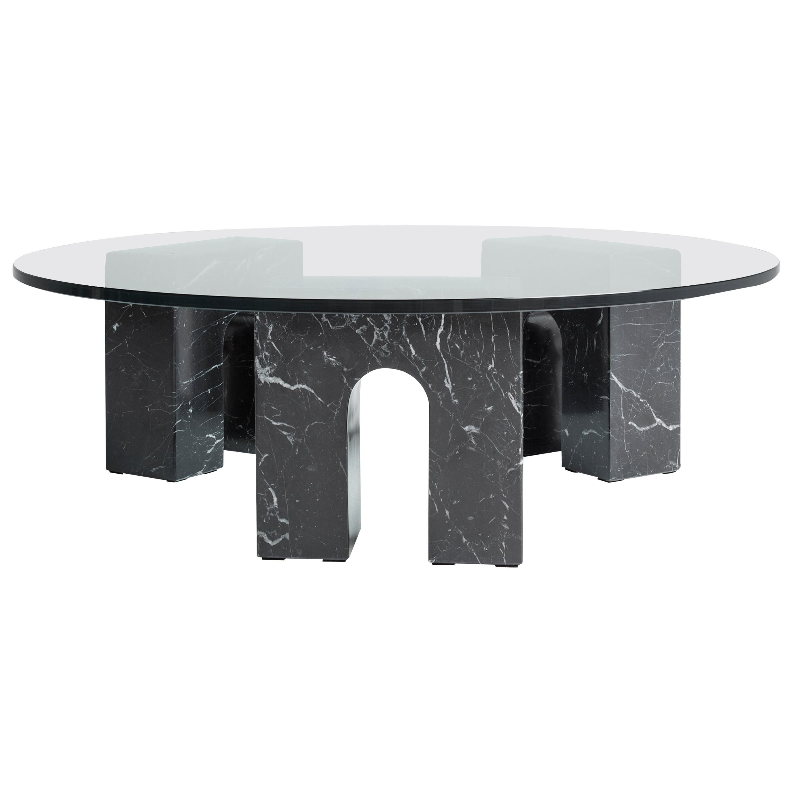 “Arch Table” Black Marquina Marble and Glass Minimalist Coffee Table