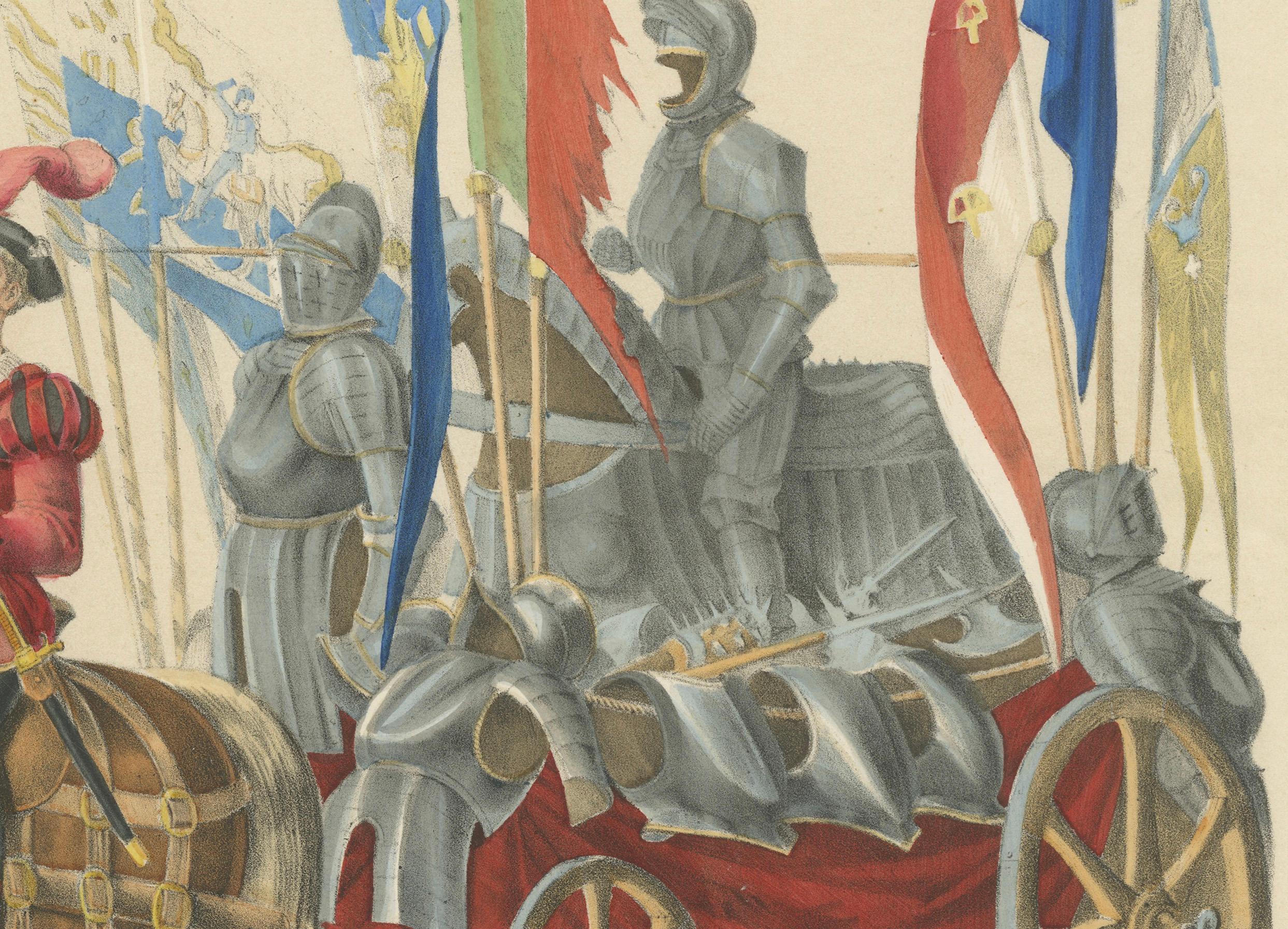 Chariot triomphal - Un grand déploiement d'armures et de bannières conquises  

Cette remarquable lithographie coloriée à la main, créée par H. Jenny et lithographiée par Kümmerly et Wittmer, fait partie de l'