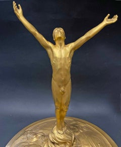"Triumphant Man, " Spectacular Gilded Bronze Trophy Cup w/ Male Nude, Christofle