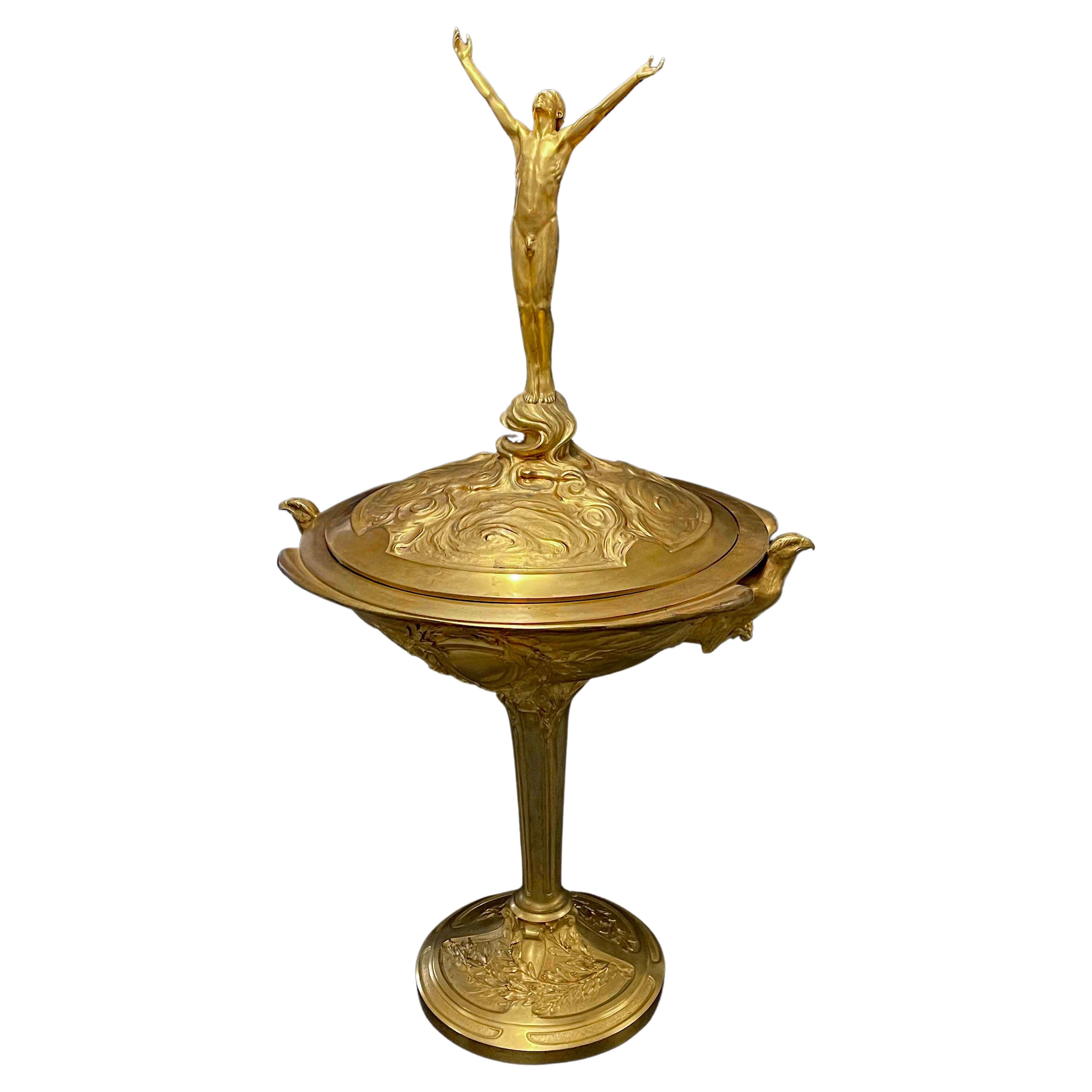 "Triumphant Man, " Spectacular Gilded Bronze Trophy Cup w/ Male Nude, Christofle For Sale