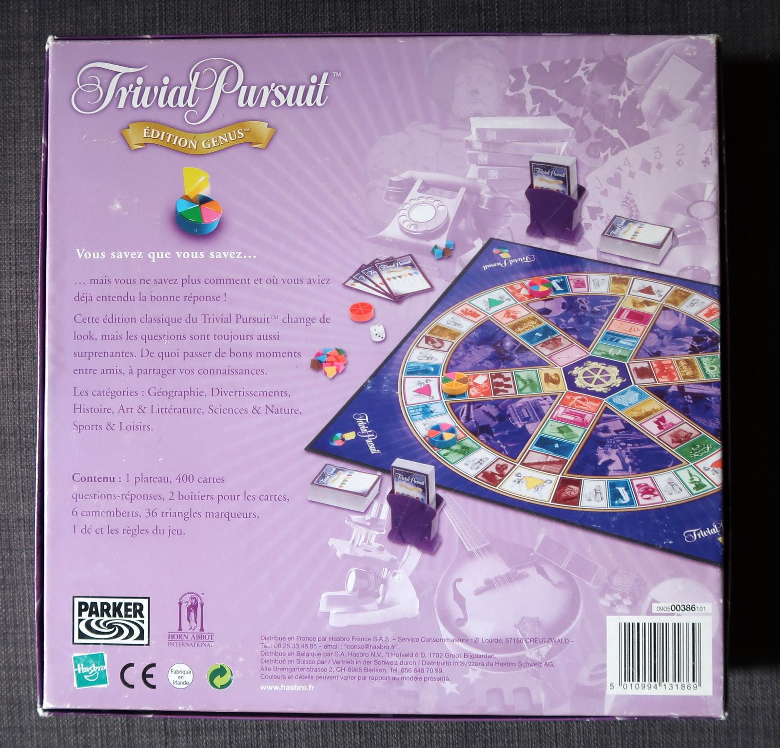Immerse yourself in a world of intellect and entertainment with the Trivial Pursuit Edition Genus, Edition du 21 siècle. This classic table game, featuring 2400 questions and responses, is a testament to the pursuit of knowledge and enjoyment.

In