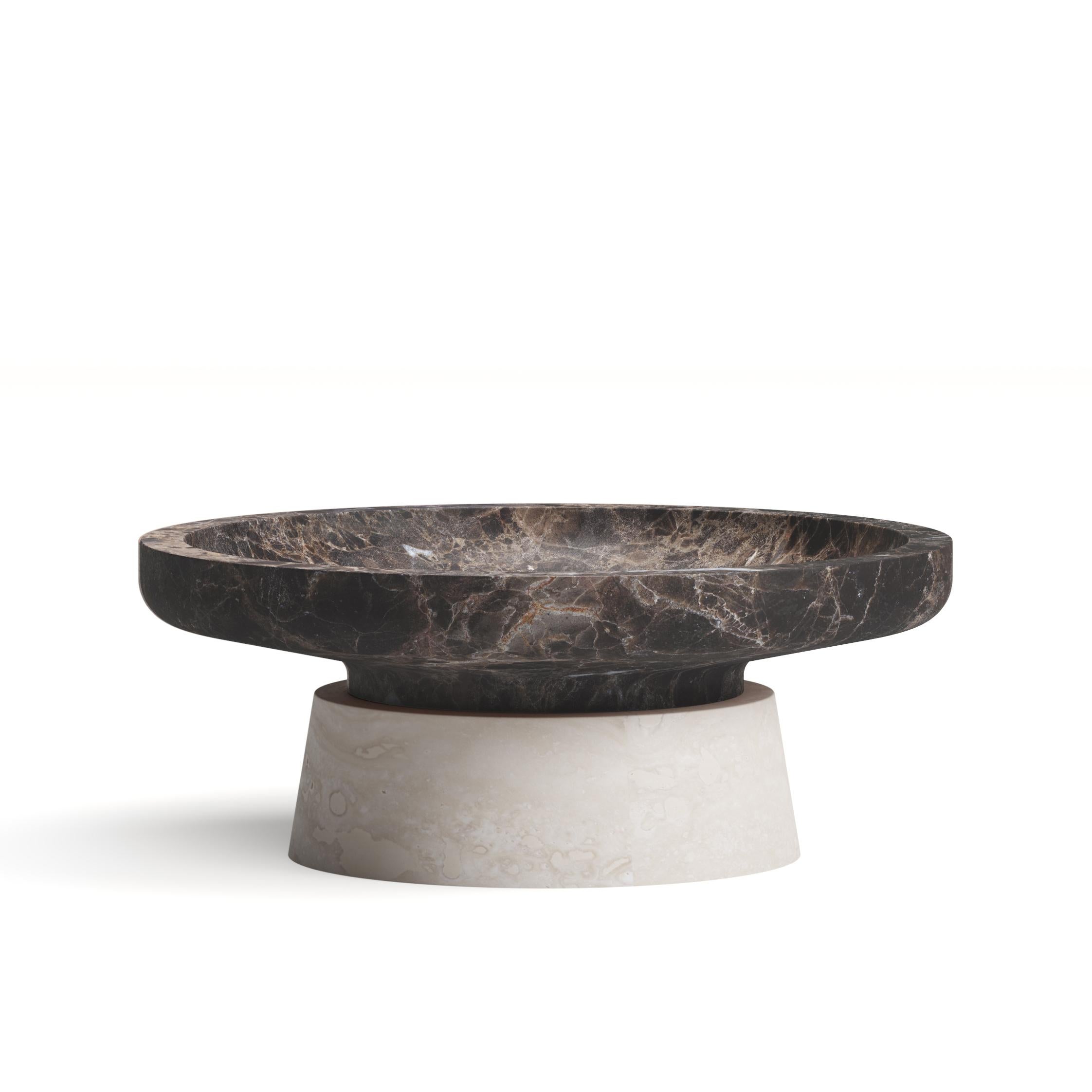Trivoli Centrepiece by Ivan Colominas
Dimensions: 37 x 14.5 cm
Materials: Travertine Marble, Emperador Dark Marble. 

TIVOLI COLLECTION:
TIVOLI, a picturesque city situated on the western slopes of the Sabine Hills, was the place that the Ancient