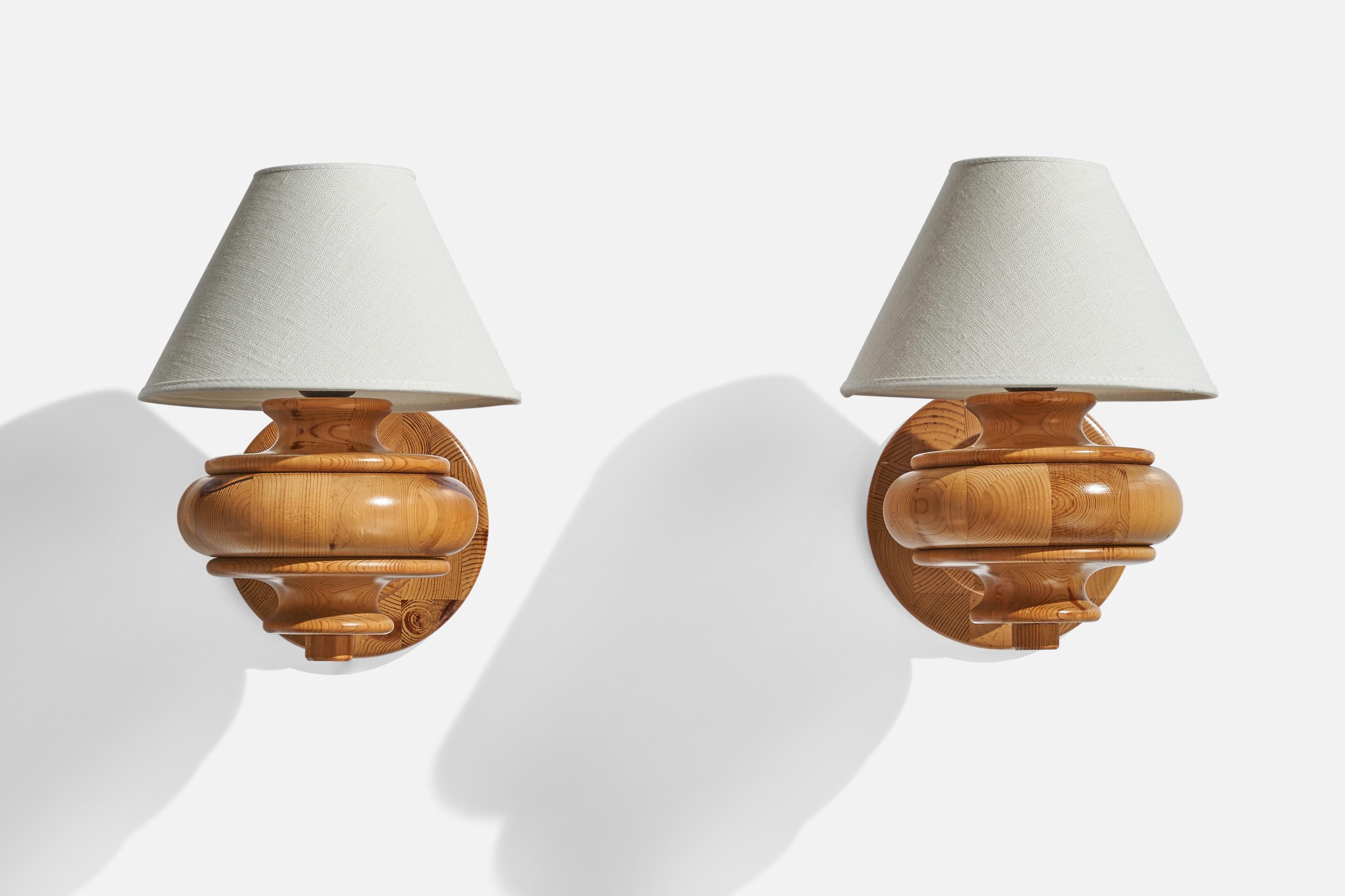 Swedish Trivsel Belysning AB, Wall Lights, Pine, Fabric, Sweden, 1970s For Sale